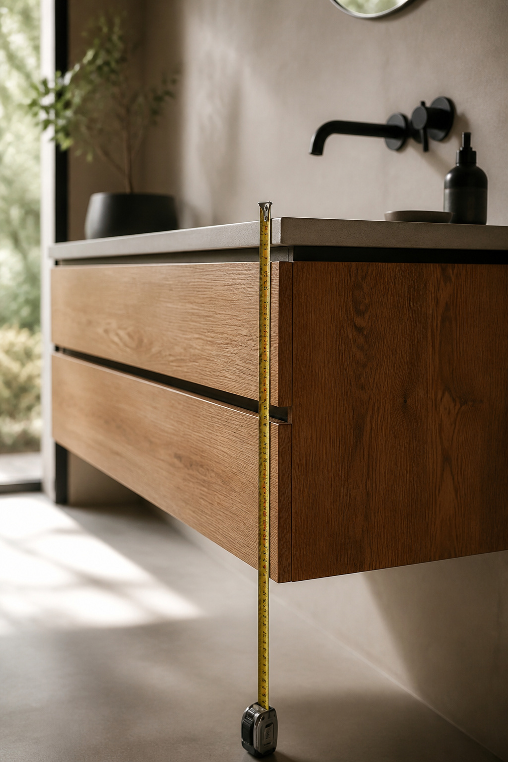 Tape measure showing the height from floor to counter edge on a wall-mounted oak bathroom vanity