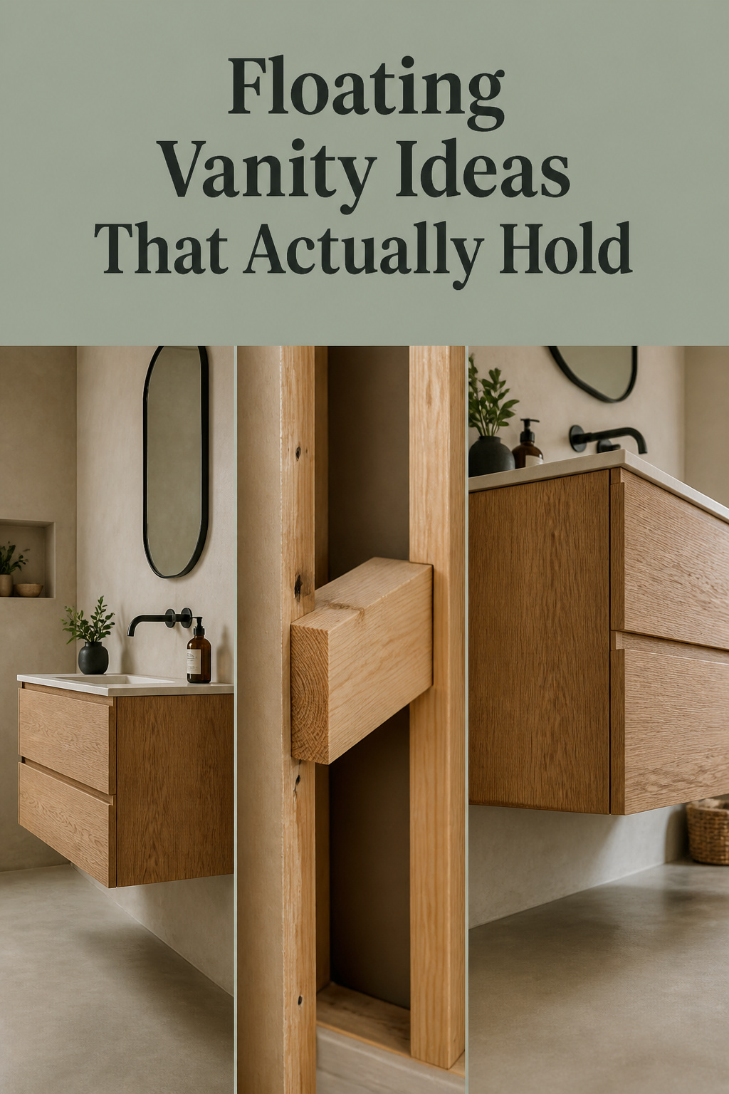 Three-panel collage of a floating oak bathroom vanity, its wall blocking, and the open floor space beneath it