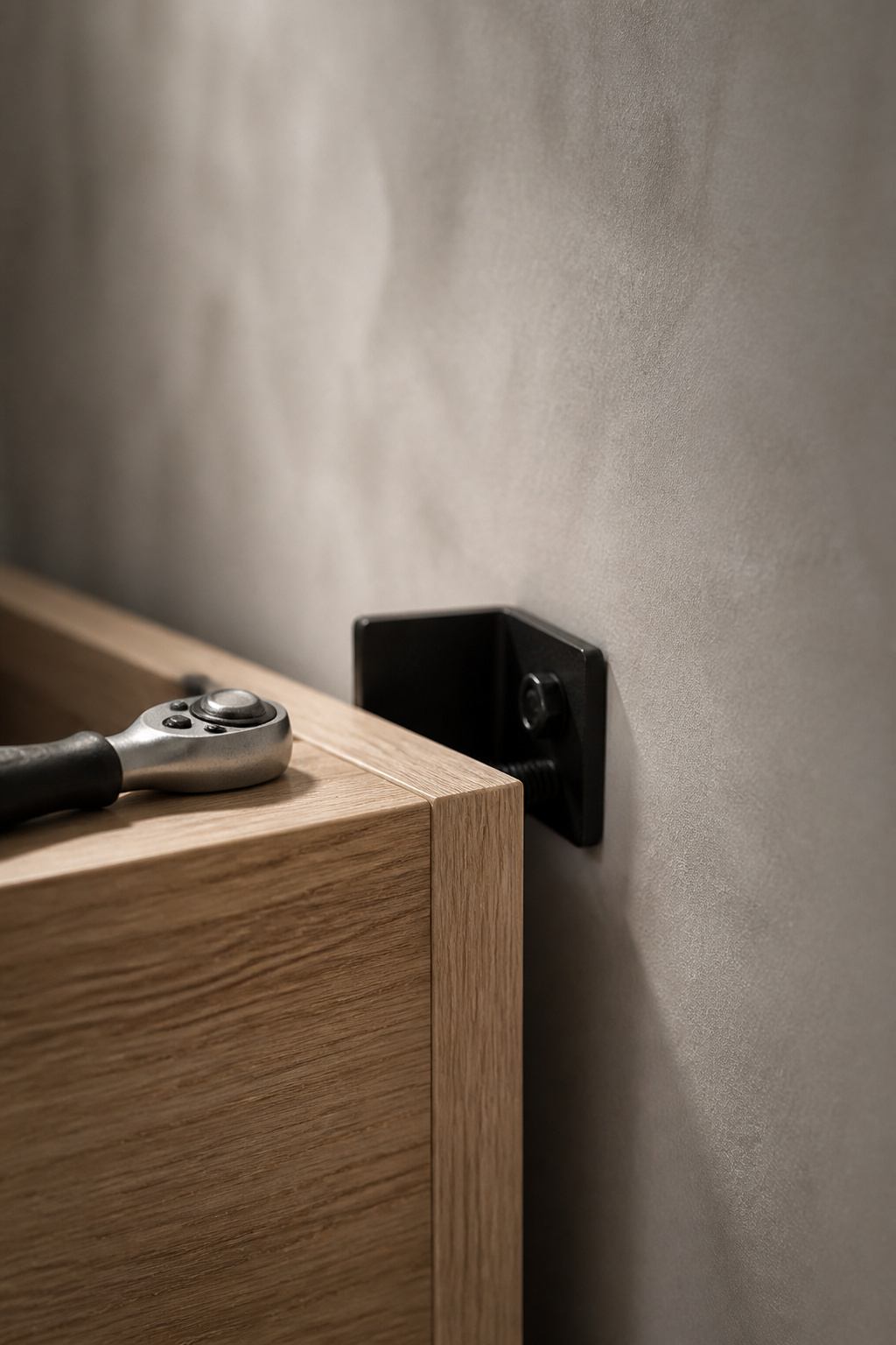 Close-up of a matte black mounting bracket and lag bolt securing a floating oak vanity to a plaster wall