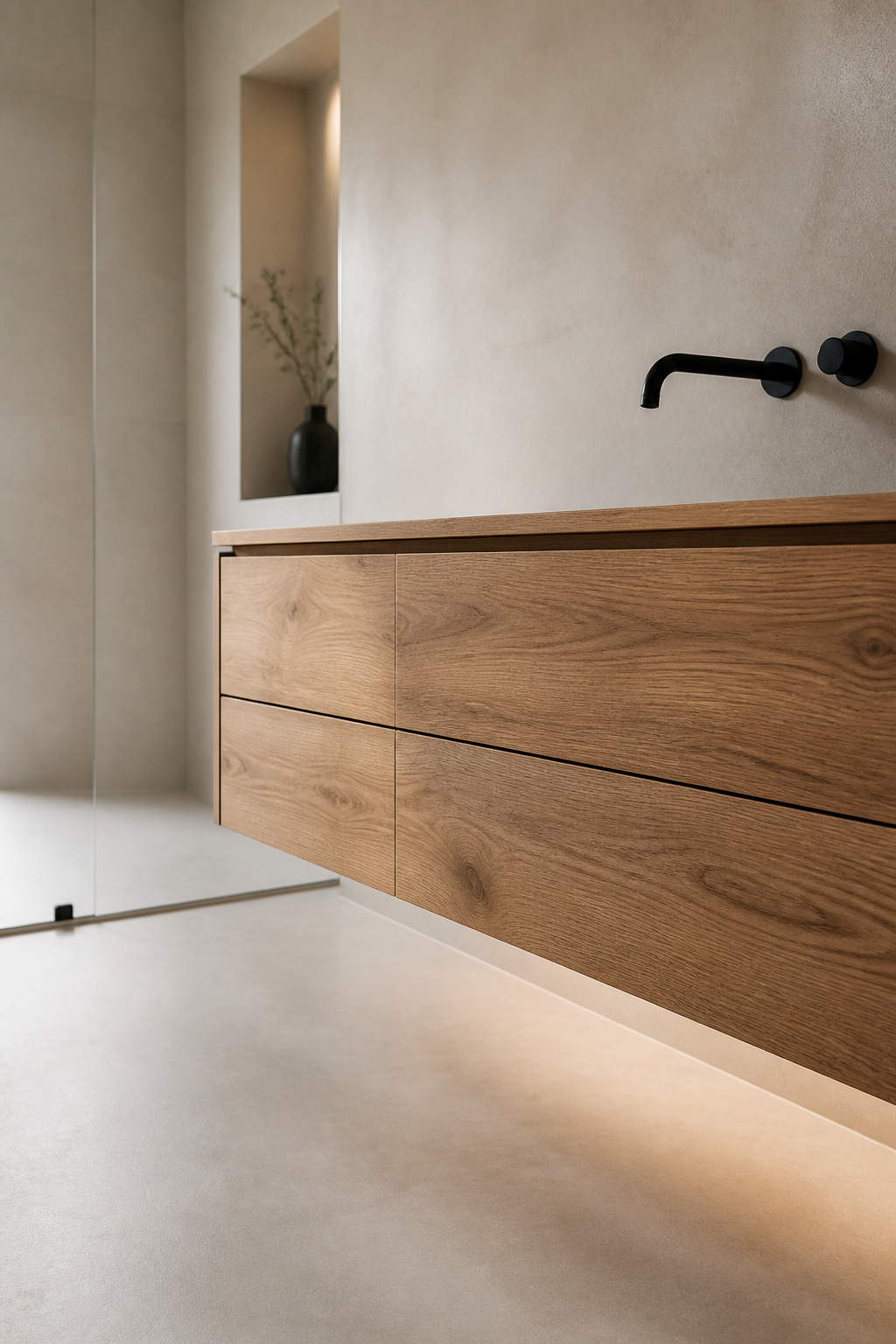 Warm oak floating bathroom vanity mounted on a bone-plaster wall with open floor space beneath it