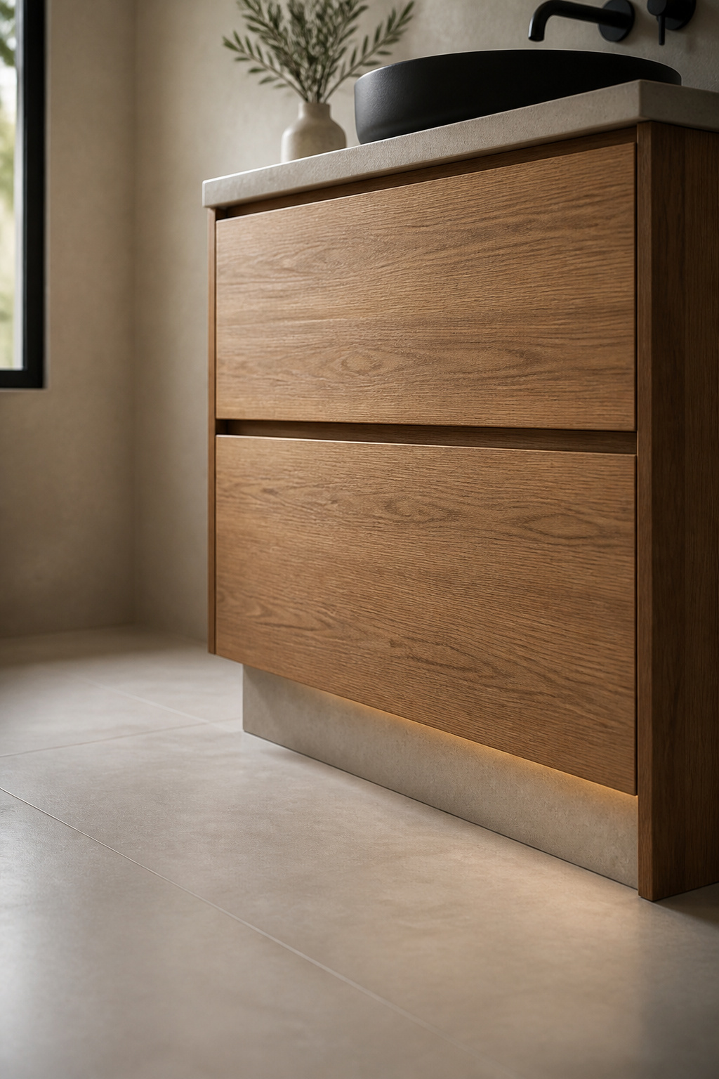 Oak bathroom vanity cabinet with a recessed, tiled plinth base instead of visible legs
