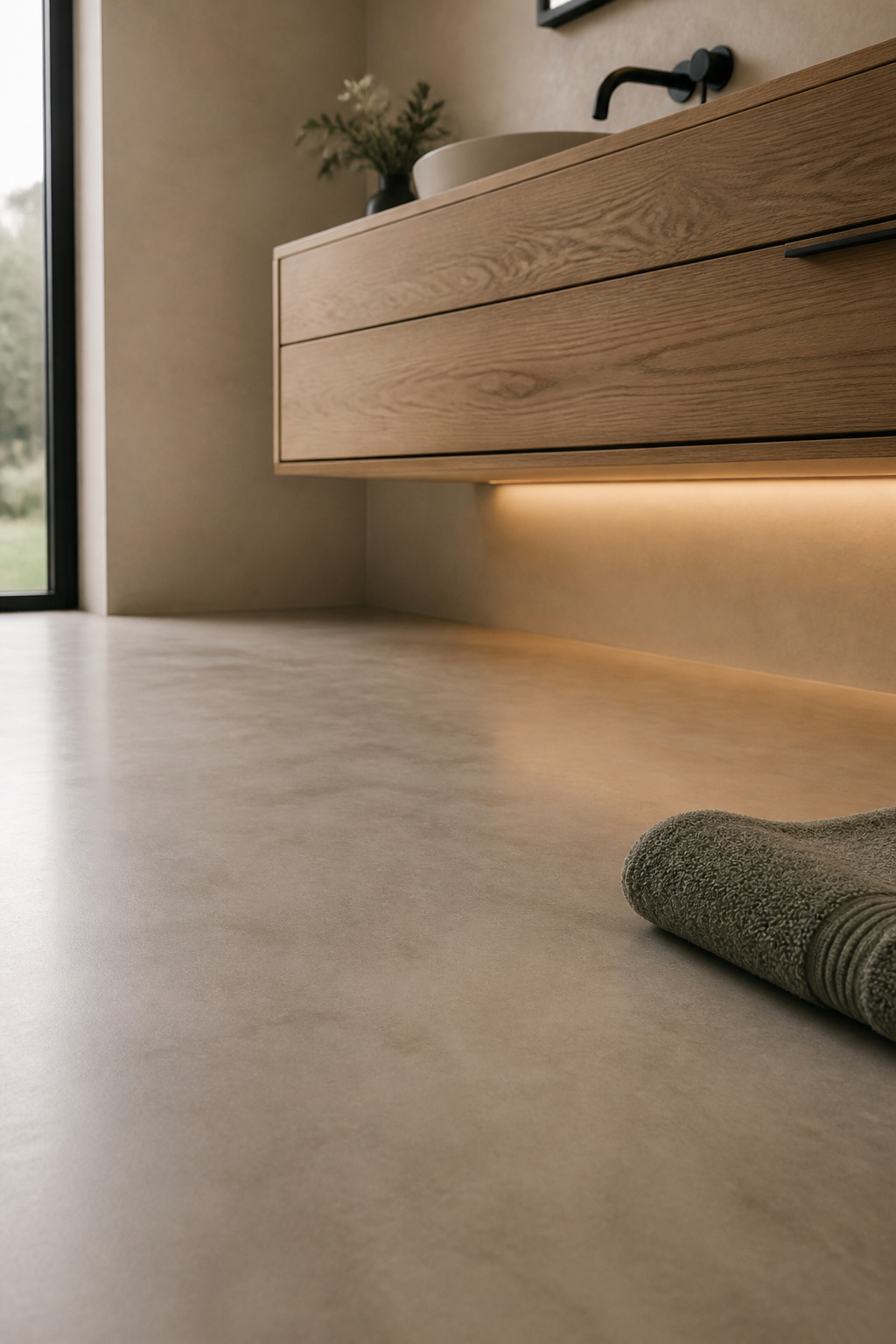 Open matte porcelain floor space beneath a floating oak bathroom vanity