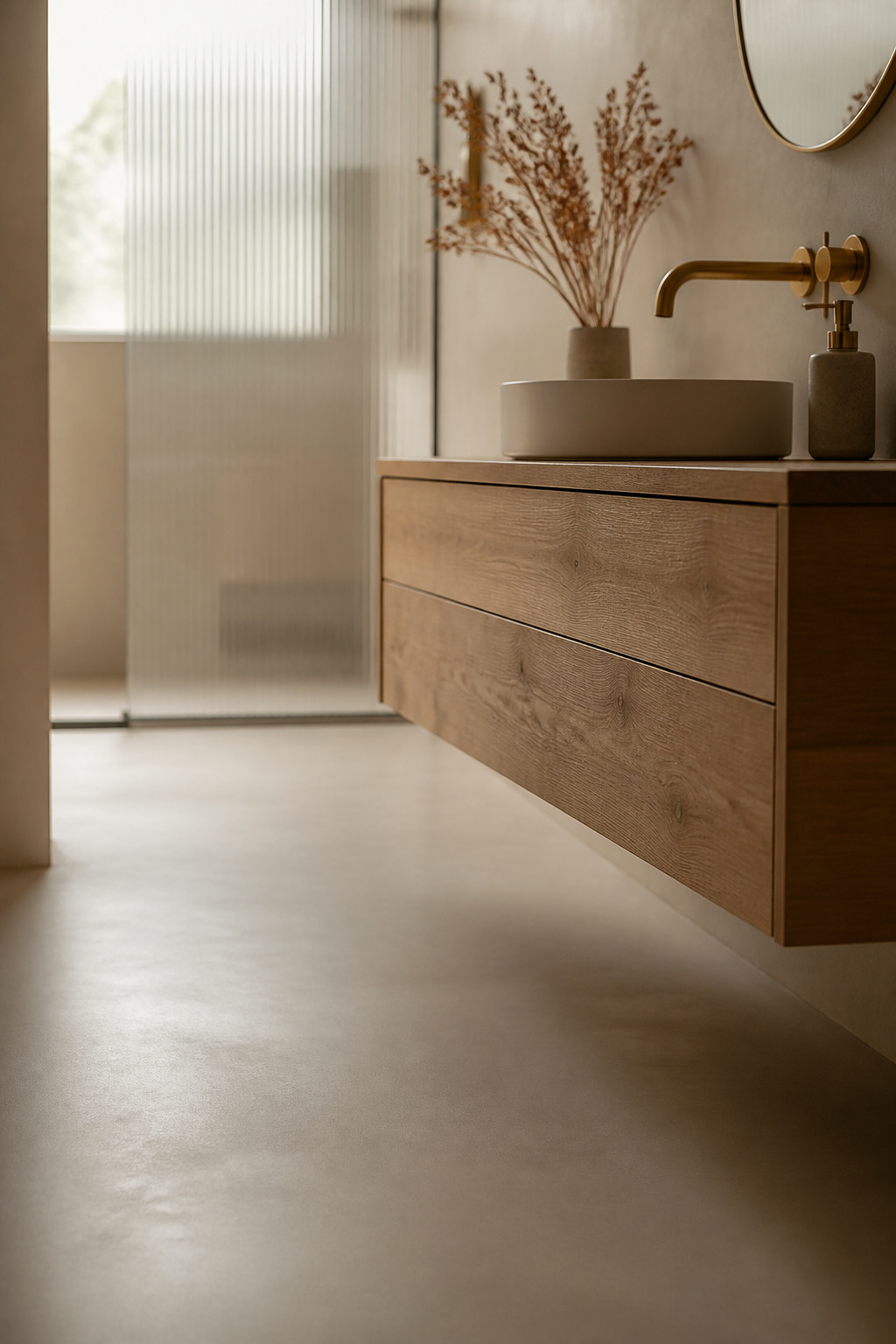 Floating warm oak vanity mounted on a microcement wall with visible matte porcelain floor beneath it in a small bathroom