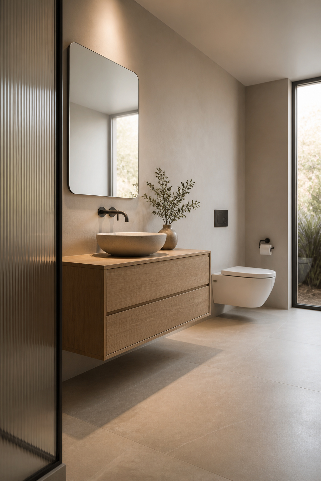 Floating oak vanity and wall-hung toilet with matte-black flush plate set into a seamless plaster wall