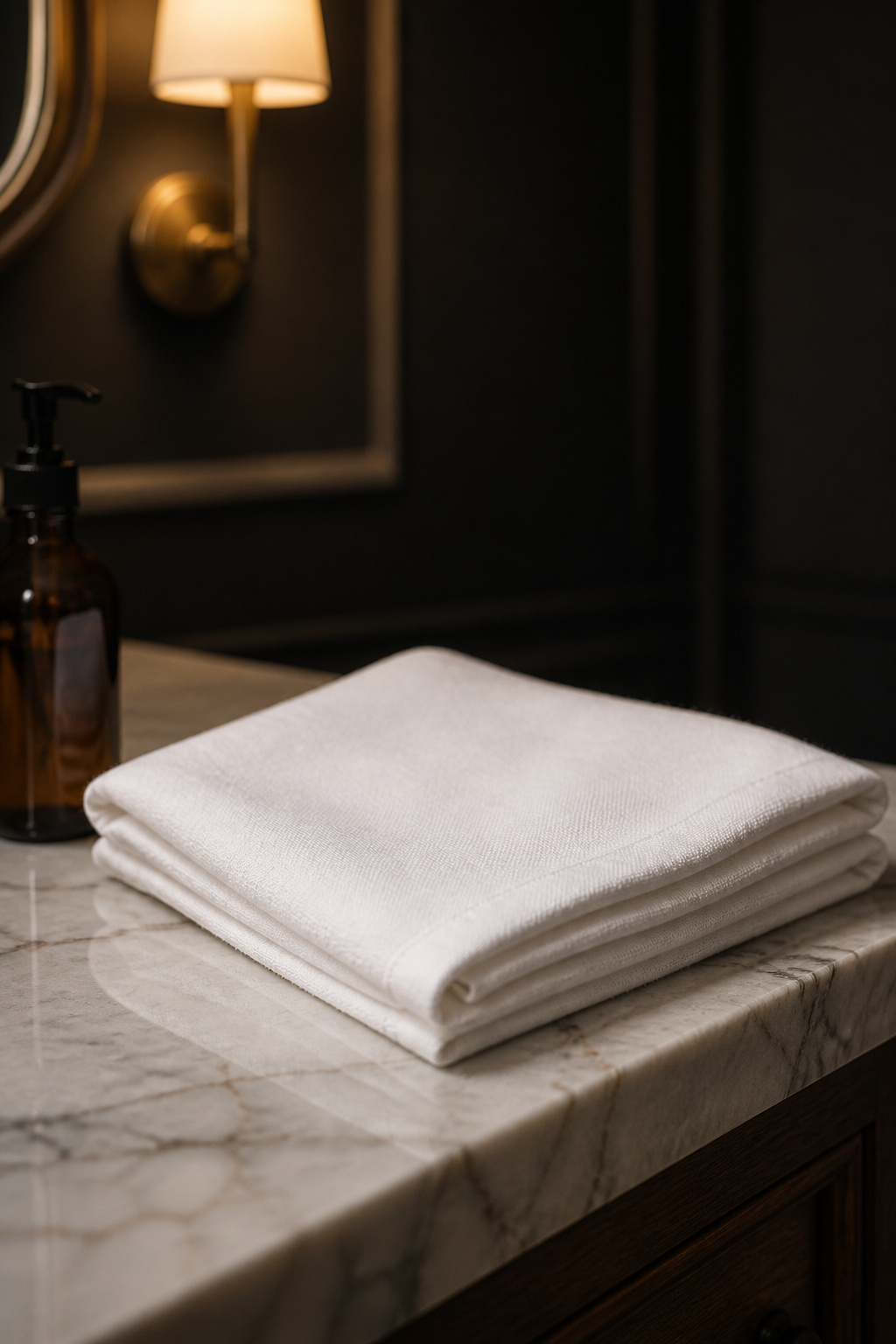 Folded white linen guest towel and a single amber glass soap bottle on a marble counter