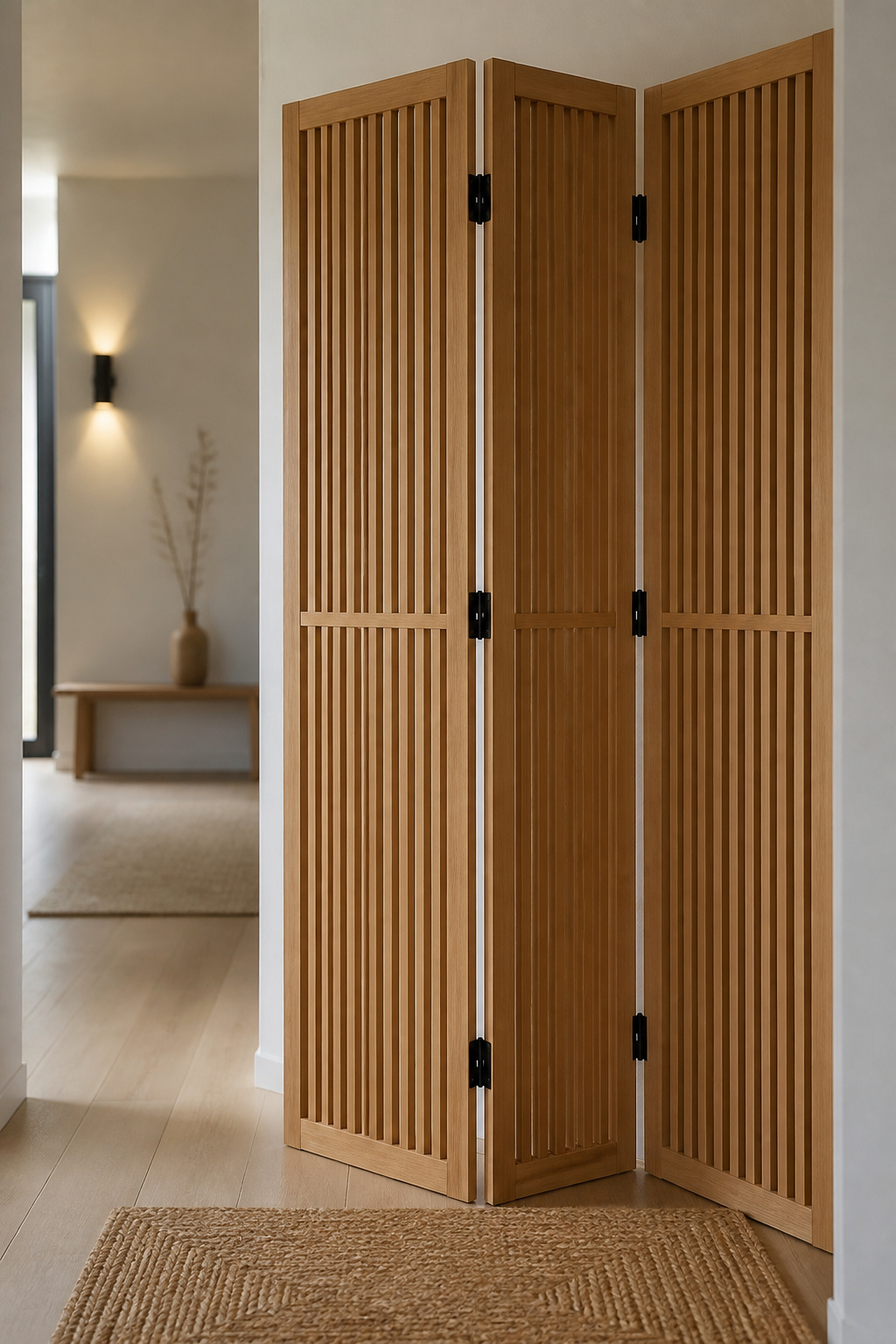 Three-panel light oak slatted folding screen with matte black hinges partly unfolded at a studio apartment entry