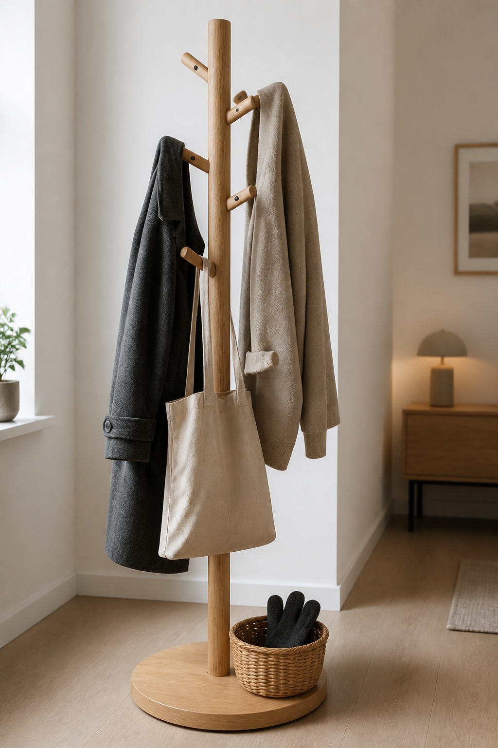 Light oak freestanding coat tree with a wide circular base holding two coats and a tote bag in a rental apartment corner
