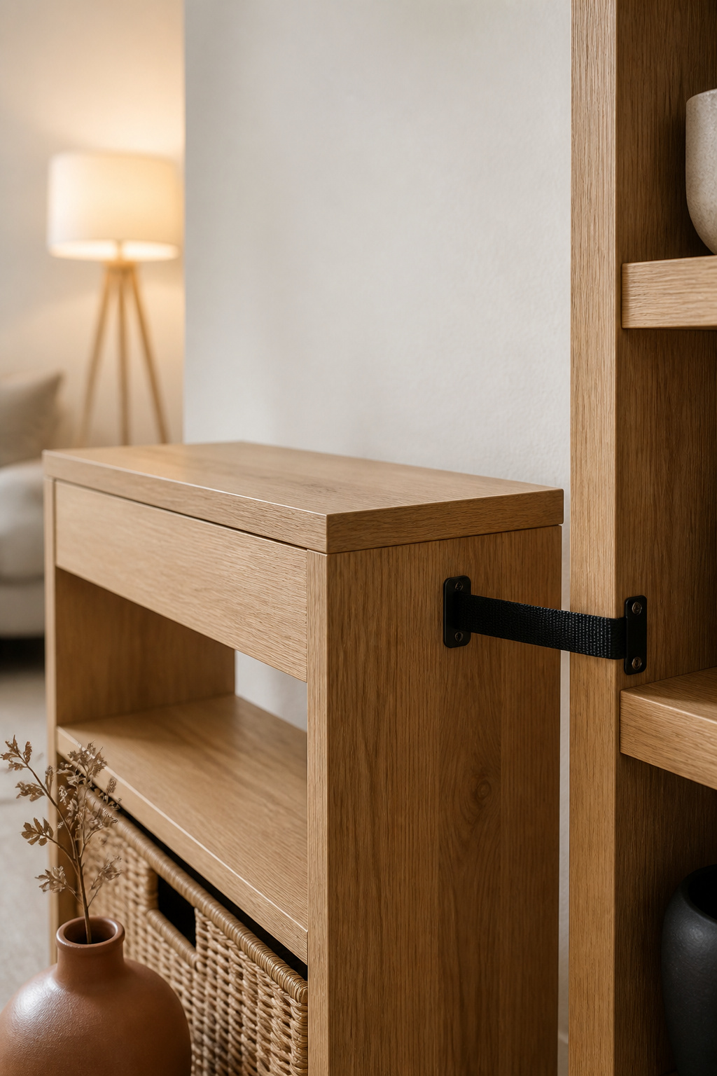 Freestanding light-oak console with a weighted rattan basket base, secured to an adjacent bookcase with a slim anti-tip strap