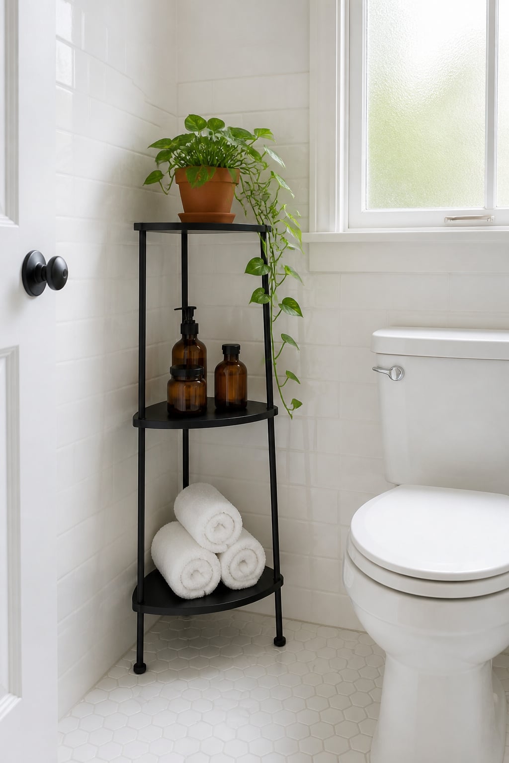 Slim black three-tier metal triangular corner etagere freestanding beside a toilet in a small white-tiled bathroom, holding towels, bottles and a plant