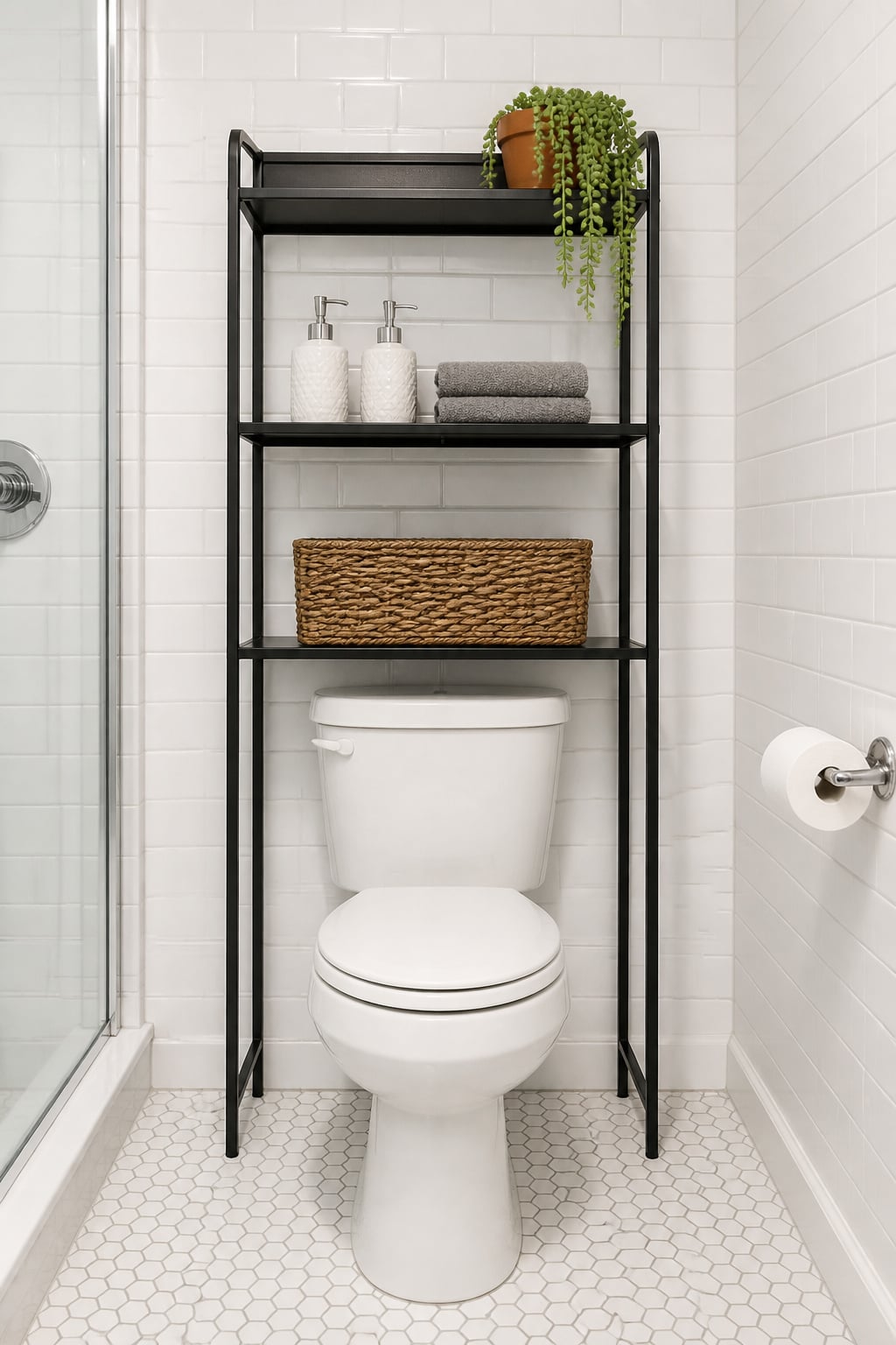 Black steel freestanding etagere over a white toilet with baskets and plants on open shelves