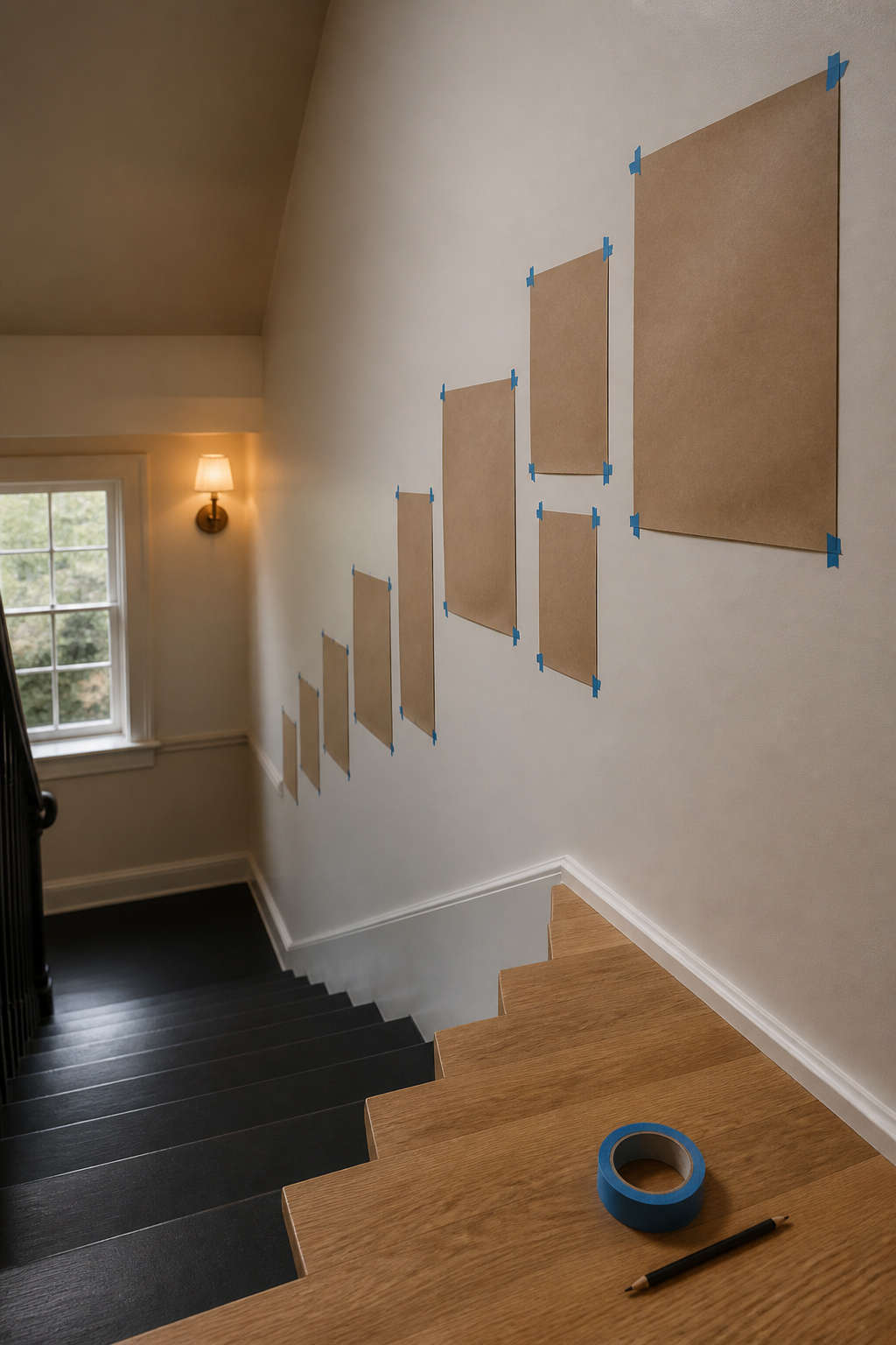 Paper gallery wall frame templates taped to a stairwell wall following the diagonal pitch of the staircase