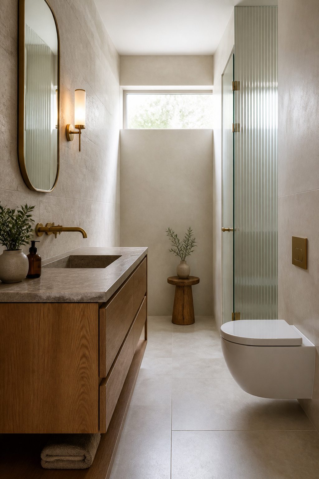 Narrow galley bathroom with a floating oak vanity facing a wall-hung toilet and glass shower screen across the aisle