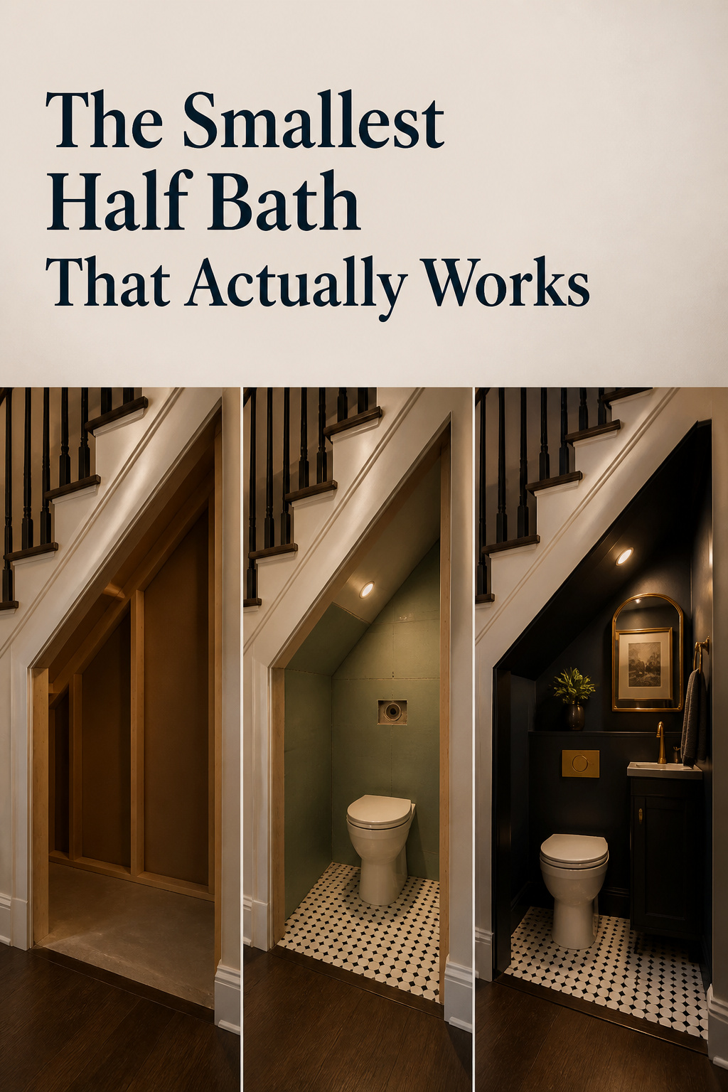 Three-panel collage showing an under-stair recess becoming a finished dark powder room, with the headline The Smallest Half Bath That Actually Works