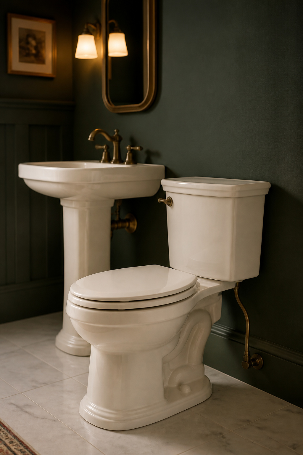 Toilet and pedestal sink, the two-fixture set that defines a half bath, against a forest-green wall