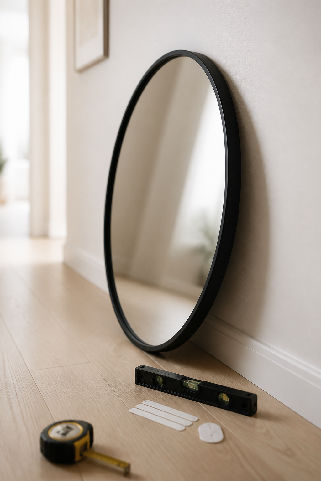 Round matte-black-framed mirror leaning against a pale hallway wall mid-hang, with a level and damage-free hanging kit laid out on the floor