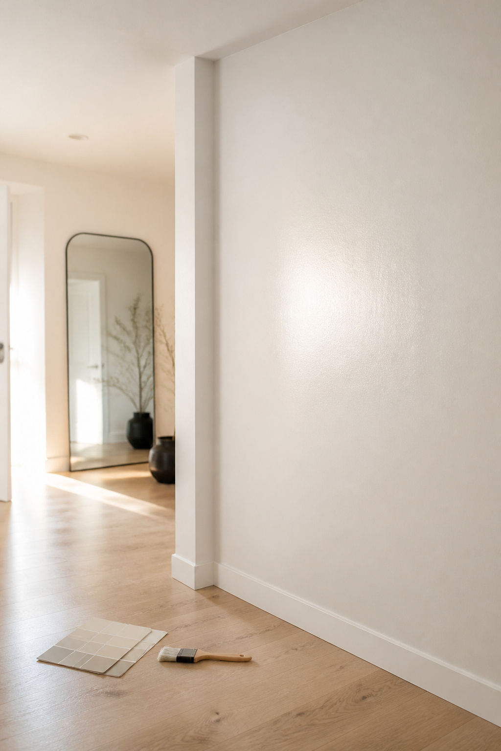 Hallway corner painted in a warm high-LRV white with matching eggshell walls and fresh white ceiling, paint swatches resting on the floor