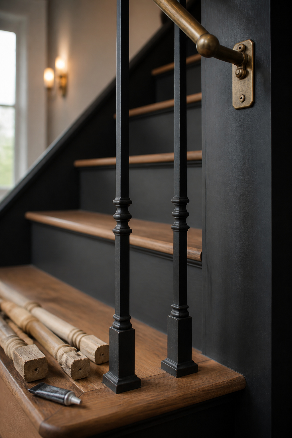 Black iron stair balusters and an aged brass handrail bracket mid-installation with old wood balusters set aside