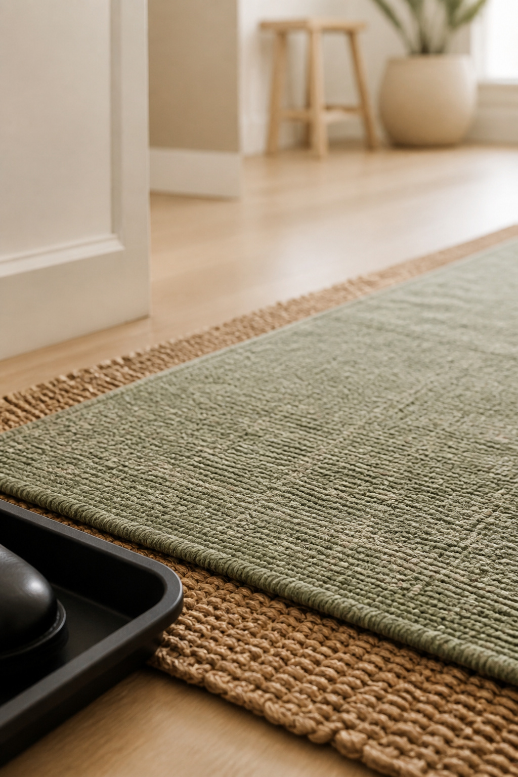 Sage flatweave runner rug layered over a jute-look entry mat on pale oak flooring in a small apartment entryway