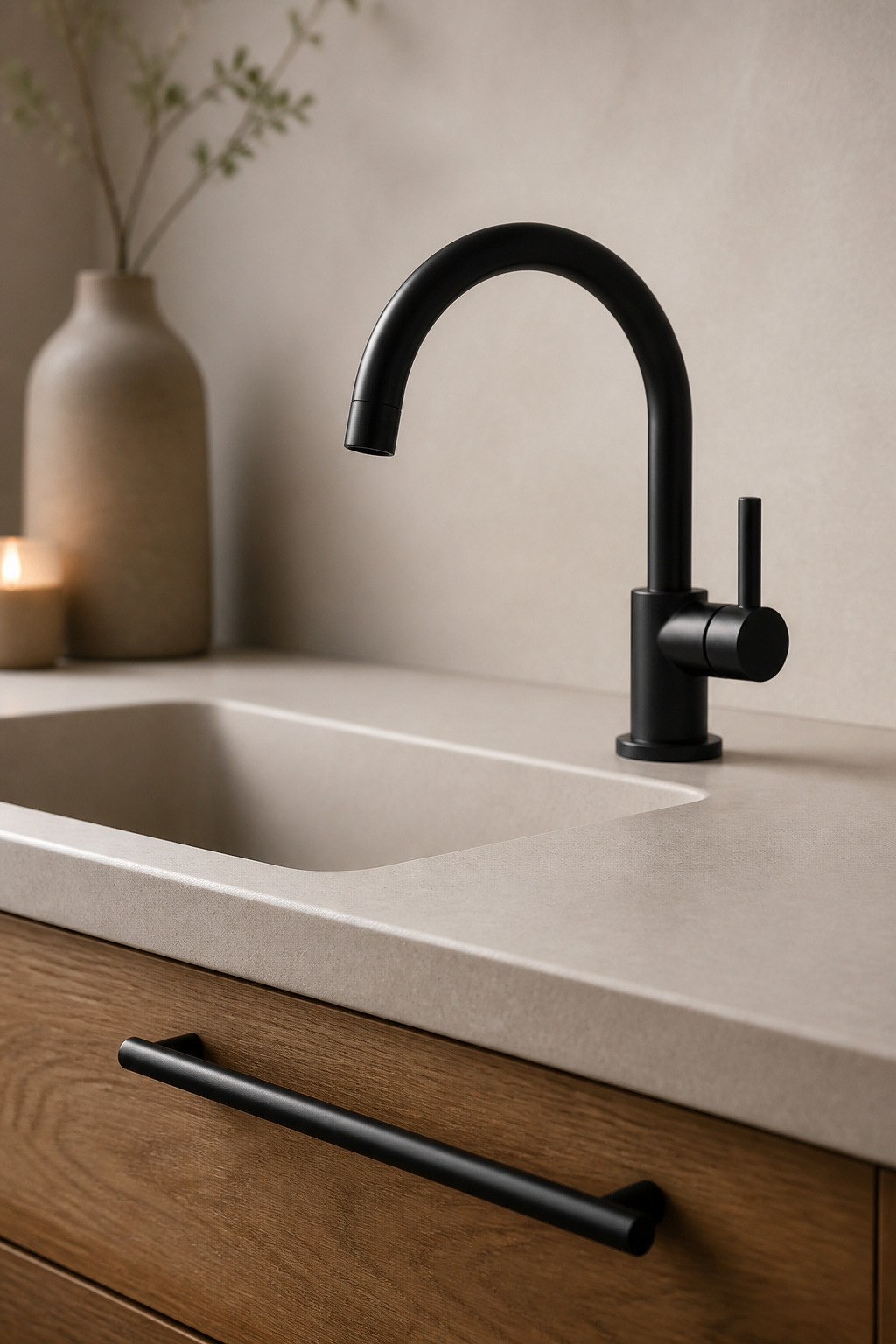 Matte black bathroom faucet and matching matte black cabinet pull shown together in one coordinated finish