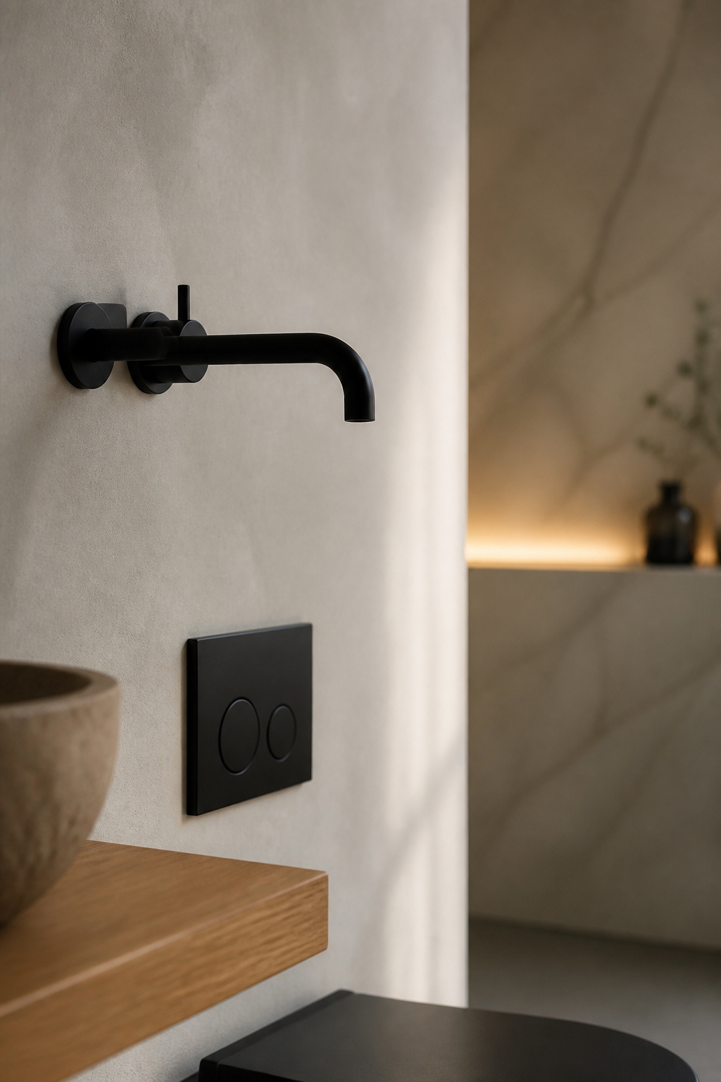 Matte-black wall-hung tap and matte-black flush plate repeated against a seamless bone-plaster wall