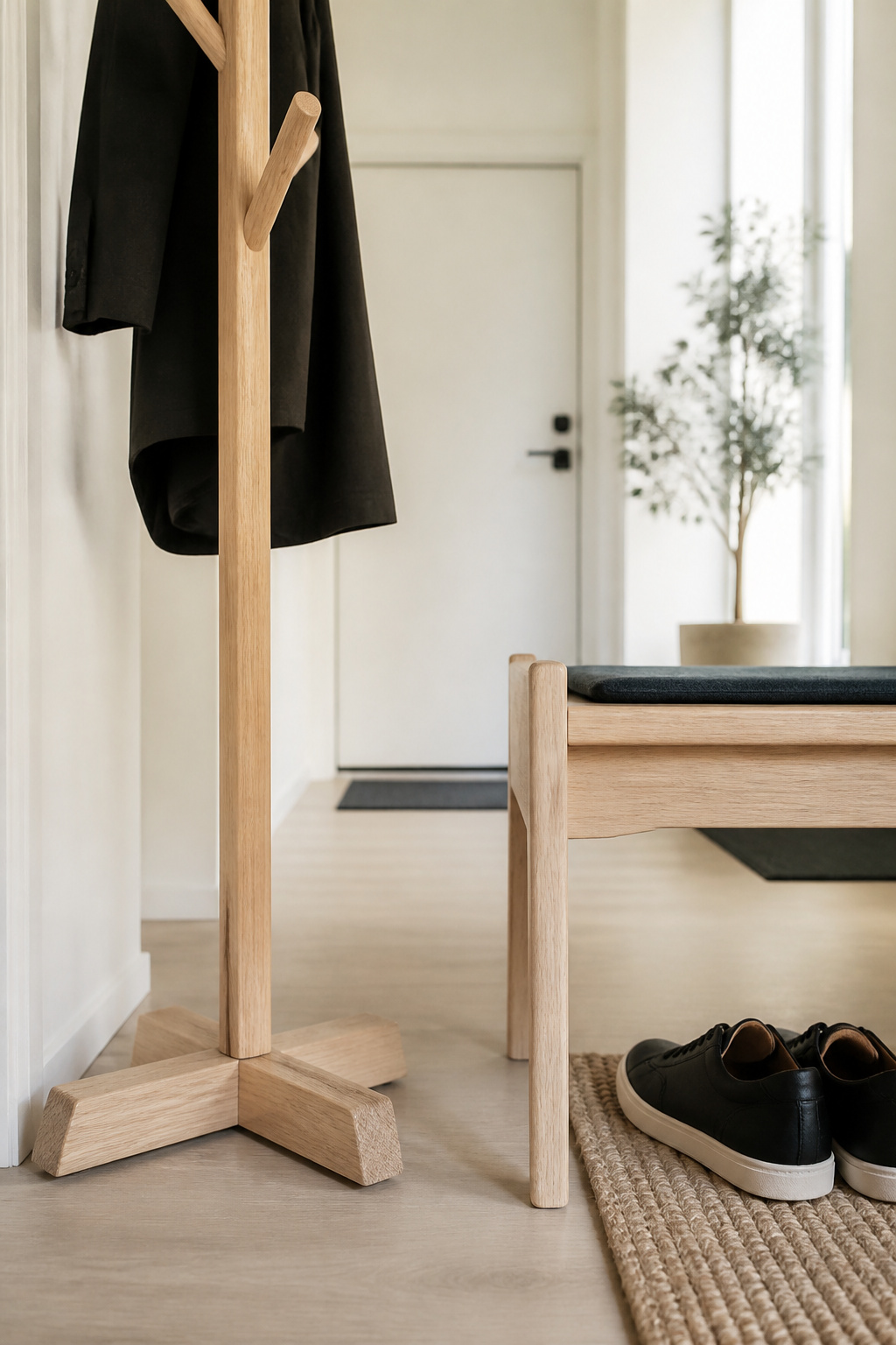 Light oak coat rack positioned beside a low entryway bench, showing the floor space each takes in a small rental entry