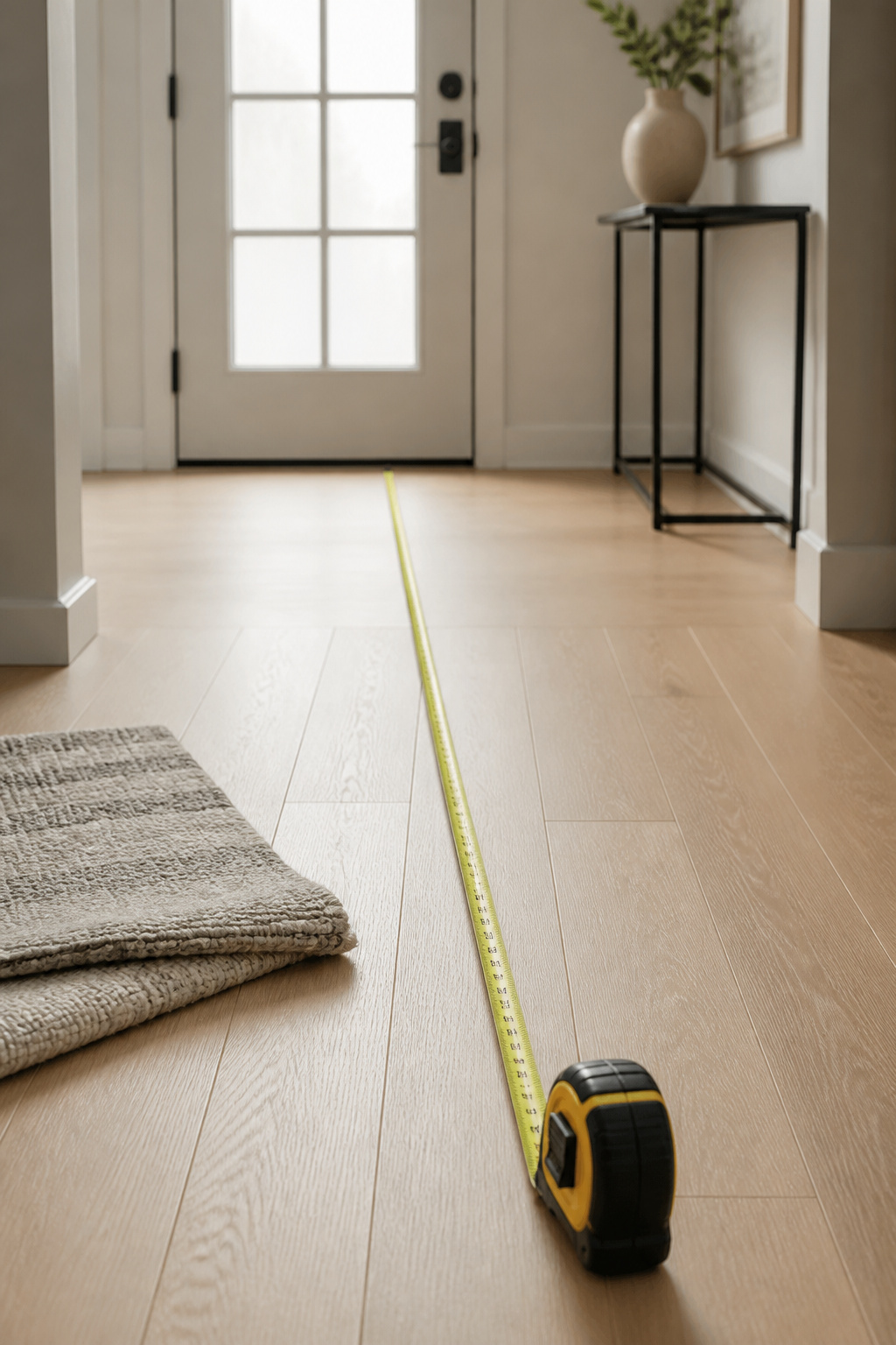 Tape measure stretched across a light oak entryway floor beside a folded flatweave rug swatch