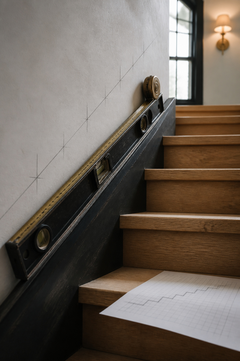 Level and tape measure tracking a staircase's rise and pitch line before panel layout begins