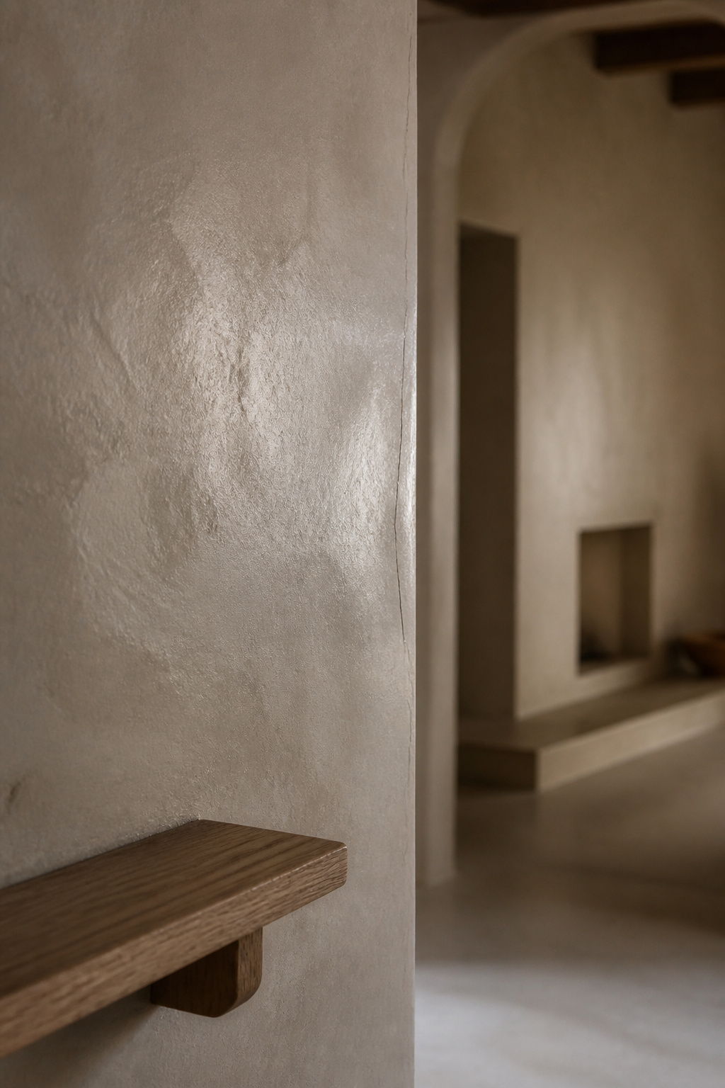 Weathered oyster-toned microcement wall with softened sheen and a fine hairline crack near a corner