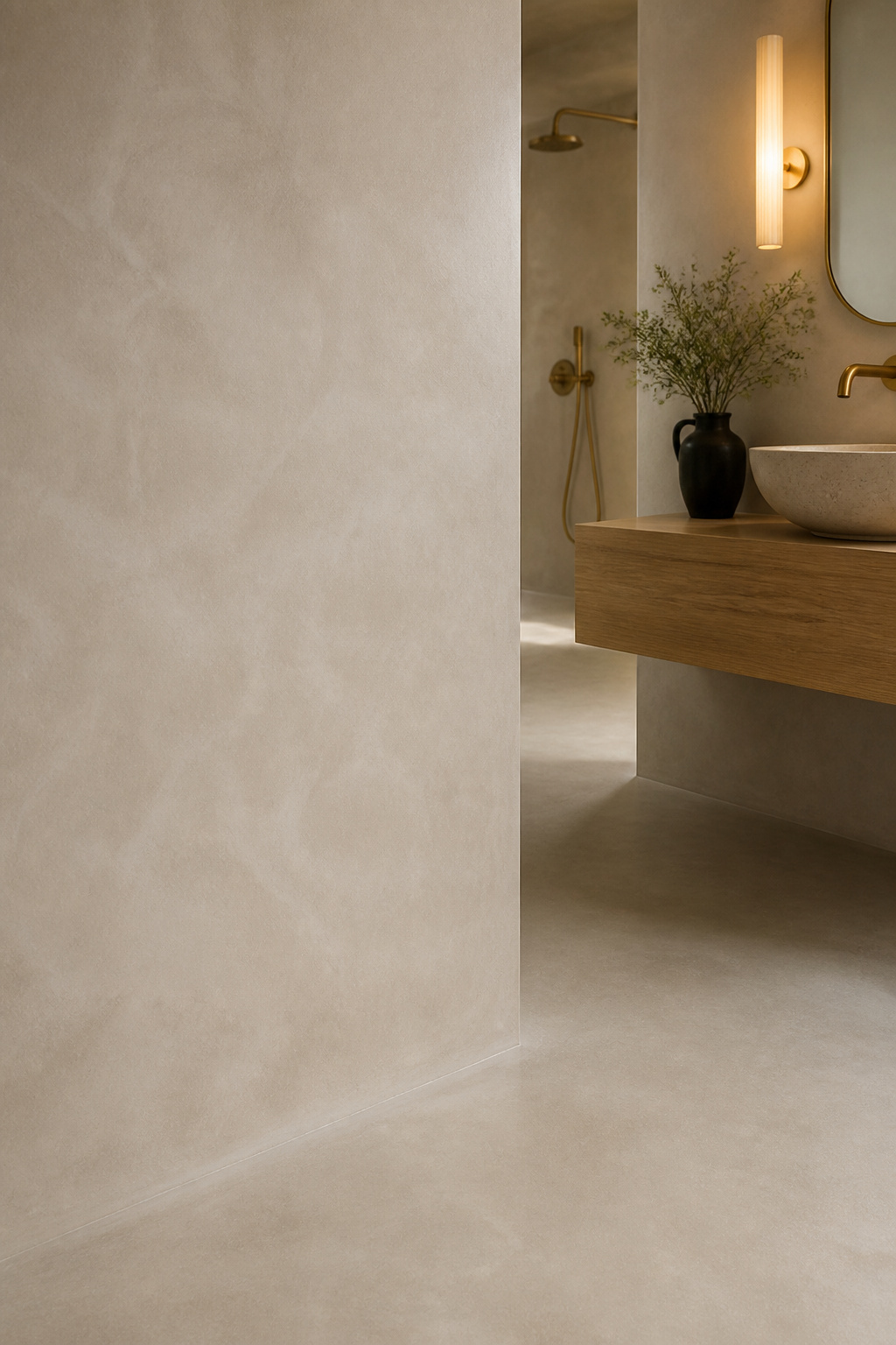 Bathroom with continuous bone-toned microcement walls and floor and a floating oak vanity