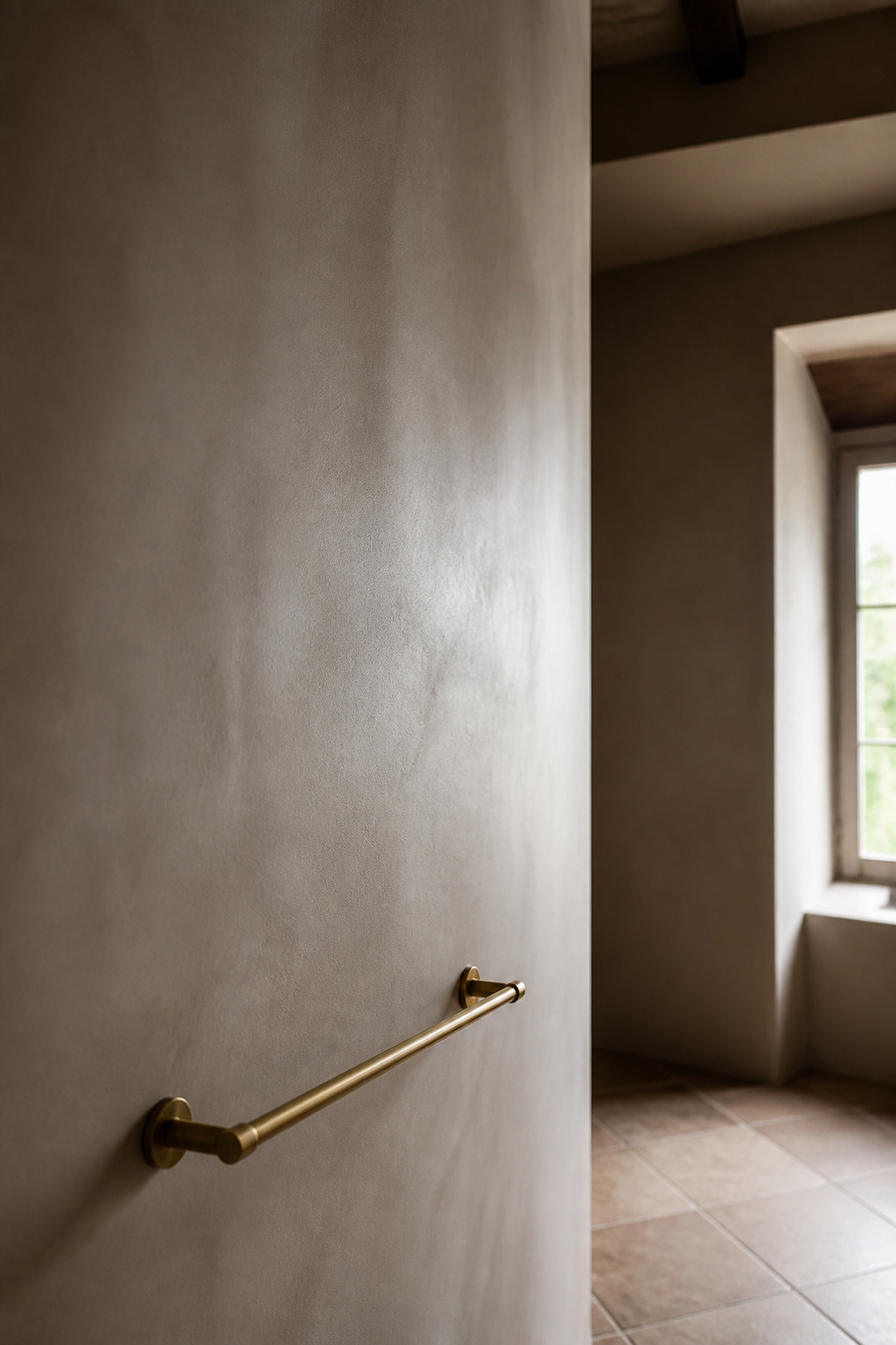 Continuous microcement wall in an older room revealing a slight natural bow along its length