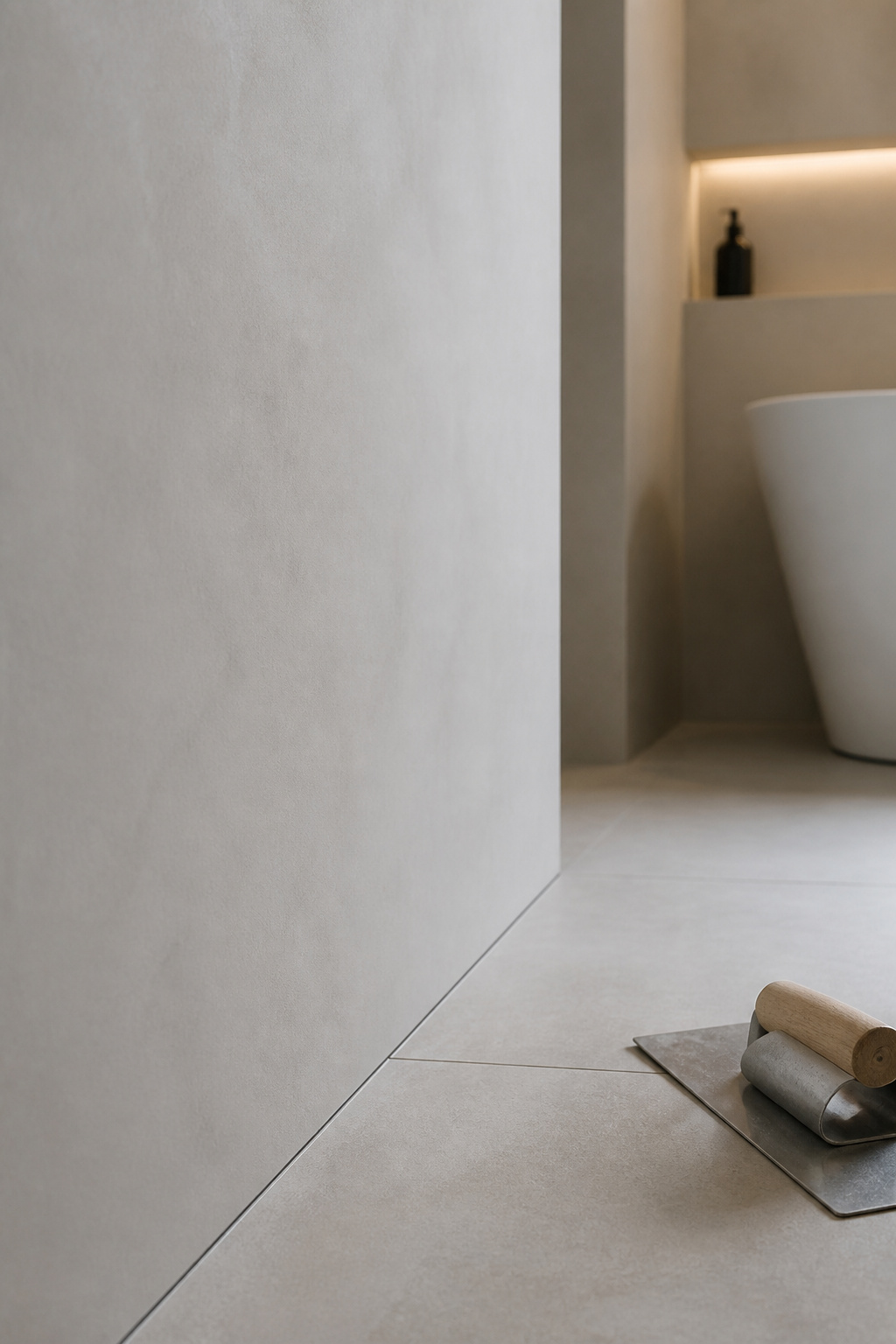 Bone microcement wall meeting the edge of existing matte porcelain floor tile at a clean transition line