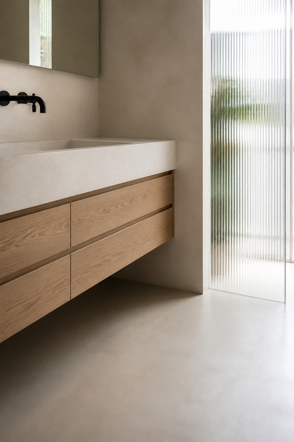 Compact bathroom with seamless pale greige microcement walls and a floating oak vanity with negative space beneath