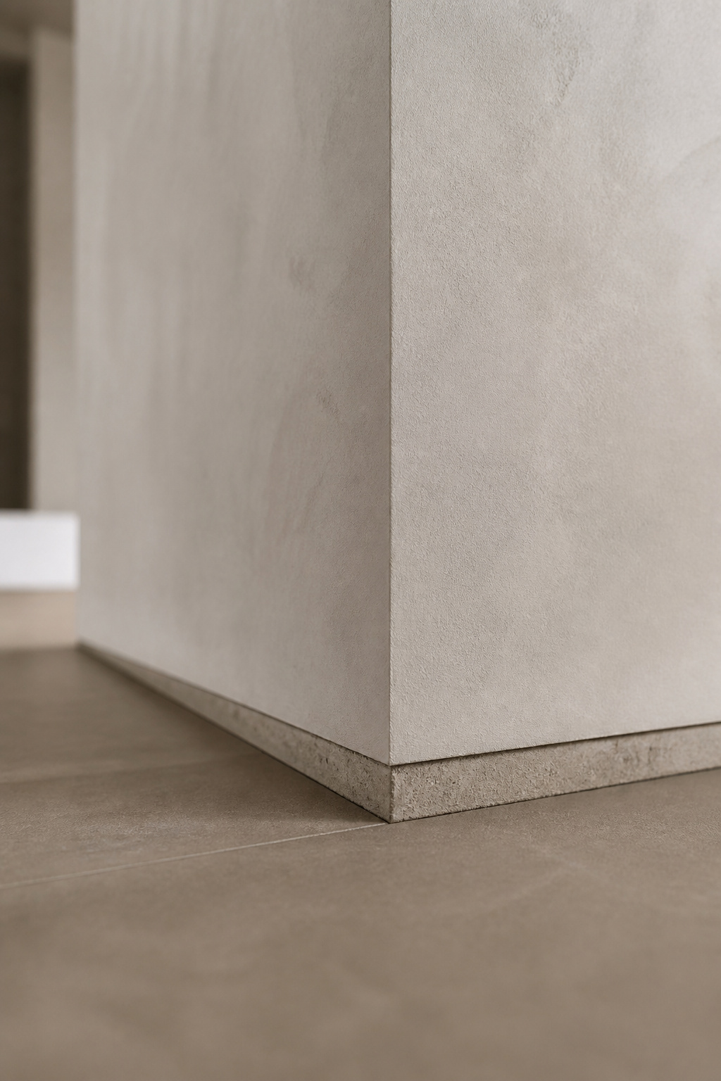 Interior corner where microcement wall finish meets a matte porcelain floor over a prepared substrate