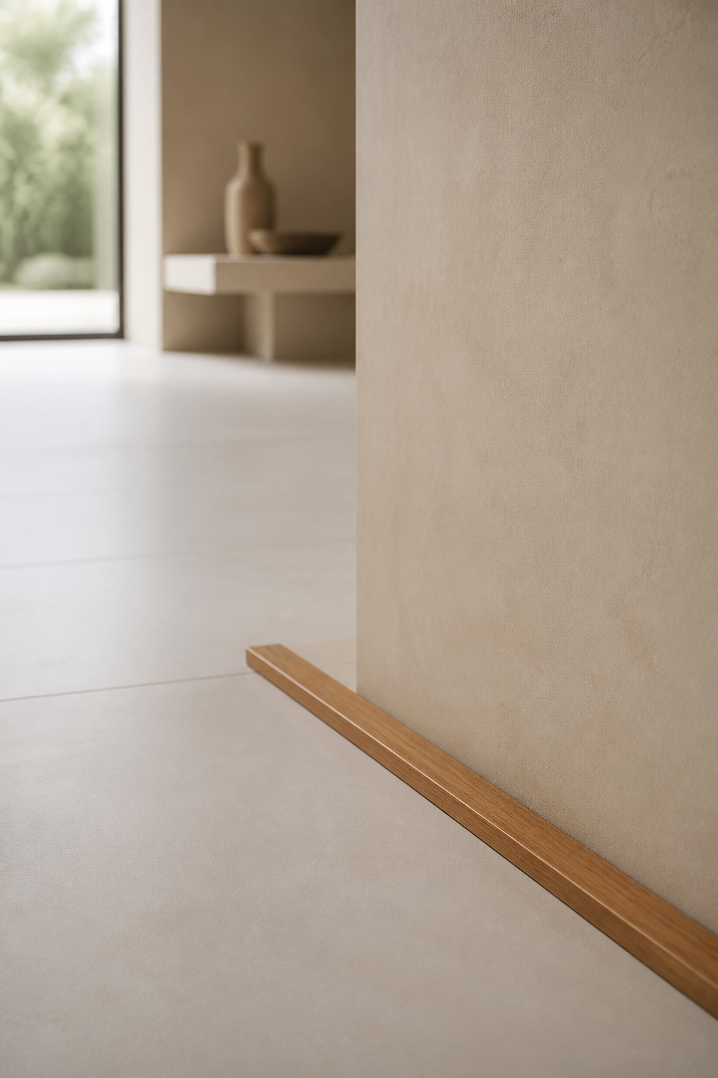 Transition line where bone-toned microcement wall meets large-format matte porcelain floor tile