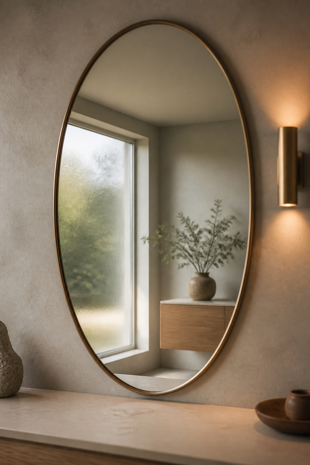 Oval mirror above a floating oak vanity positioned to face a side window, reflecting daylight across a small bathroom