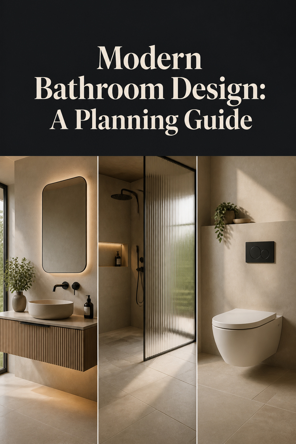 Pinterest collage of a modern bathroom: floating vanity, large-format porcelain floor and wall-hung toilet