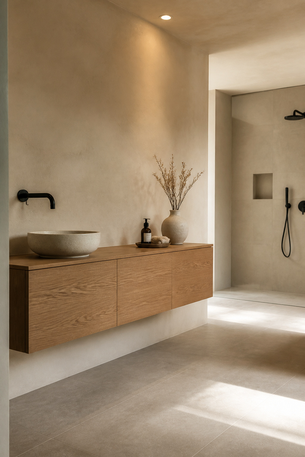 Modern bathroom with a floating oak vanity against a seamless bone-plaster wall and matte-black tap