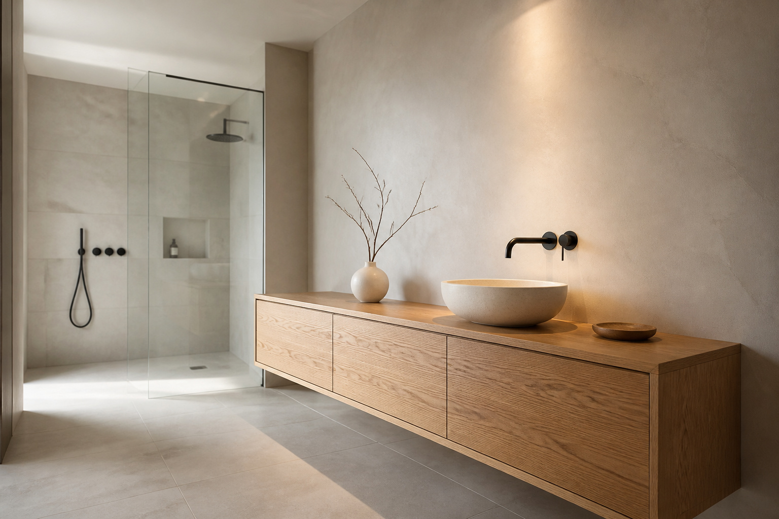 Modern bathroom with a floating oak vanity against a seamless bone-plaster wall and matte-black tap