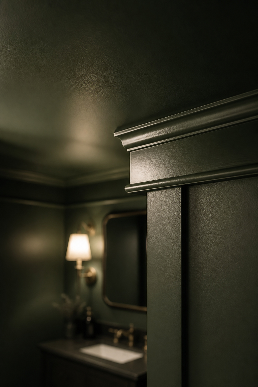 Corner of a powder room where a matte dark green ceiling meets glossier dark green trim and cap rail