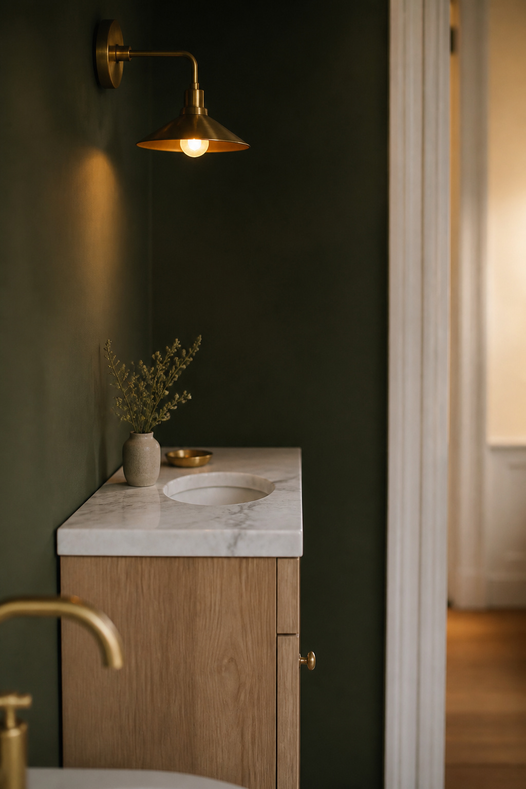 Narrow marble-topped powder room vanity in a forest green room with an unlacquered brass faucet