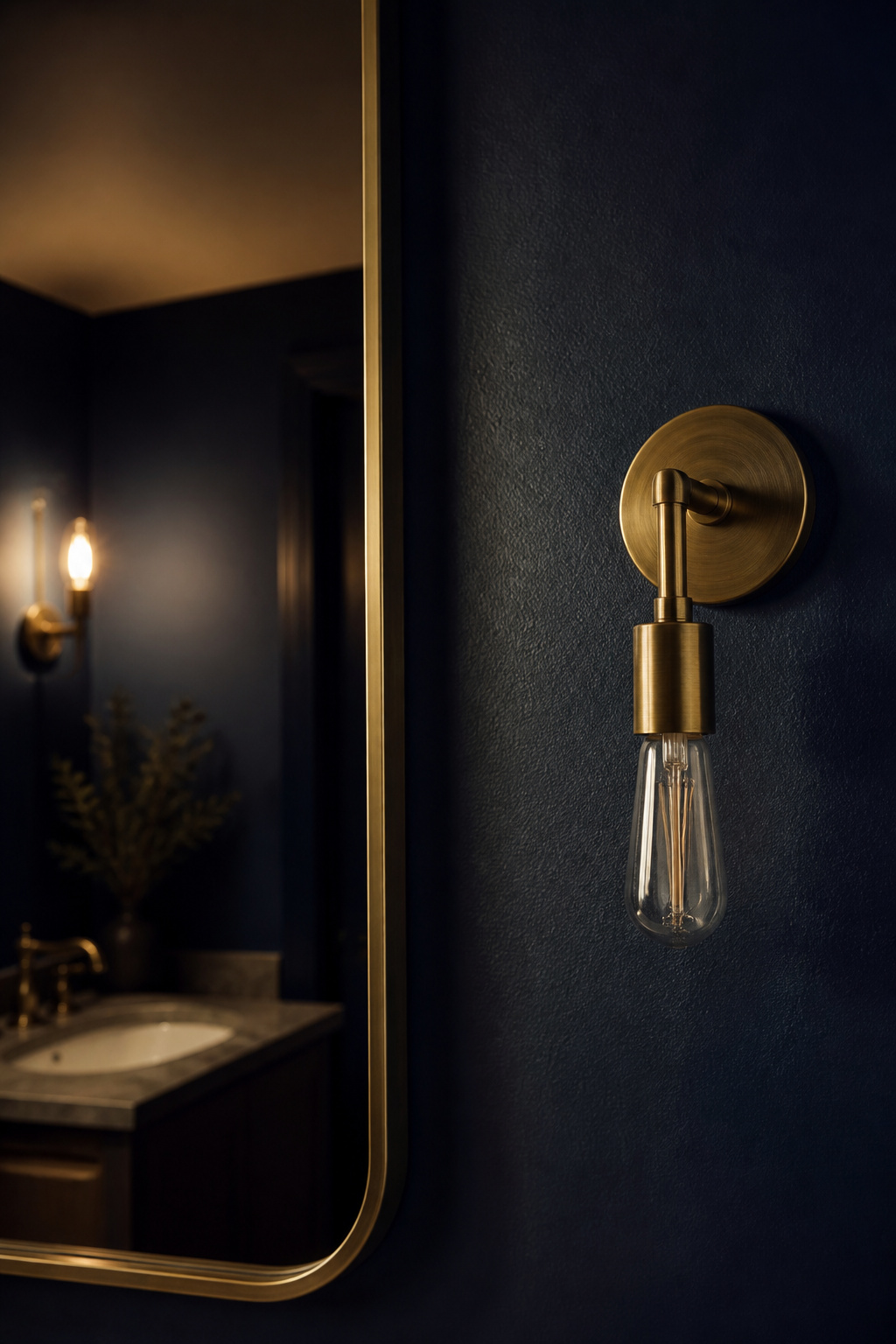 Deep navy painted wall beside a brass sconce showing a warm green-tinted undertone under artificial light