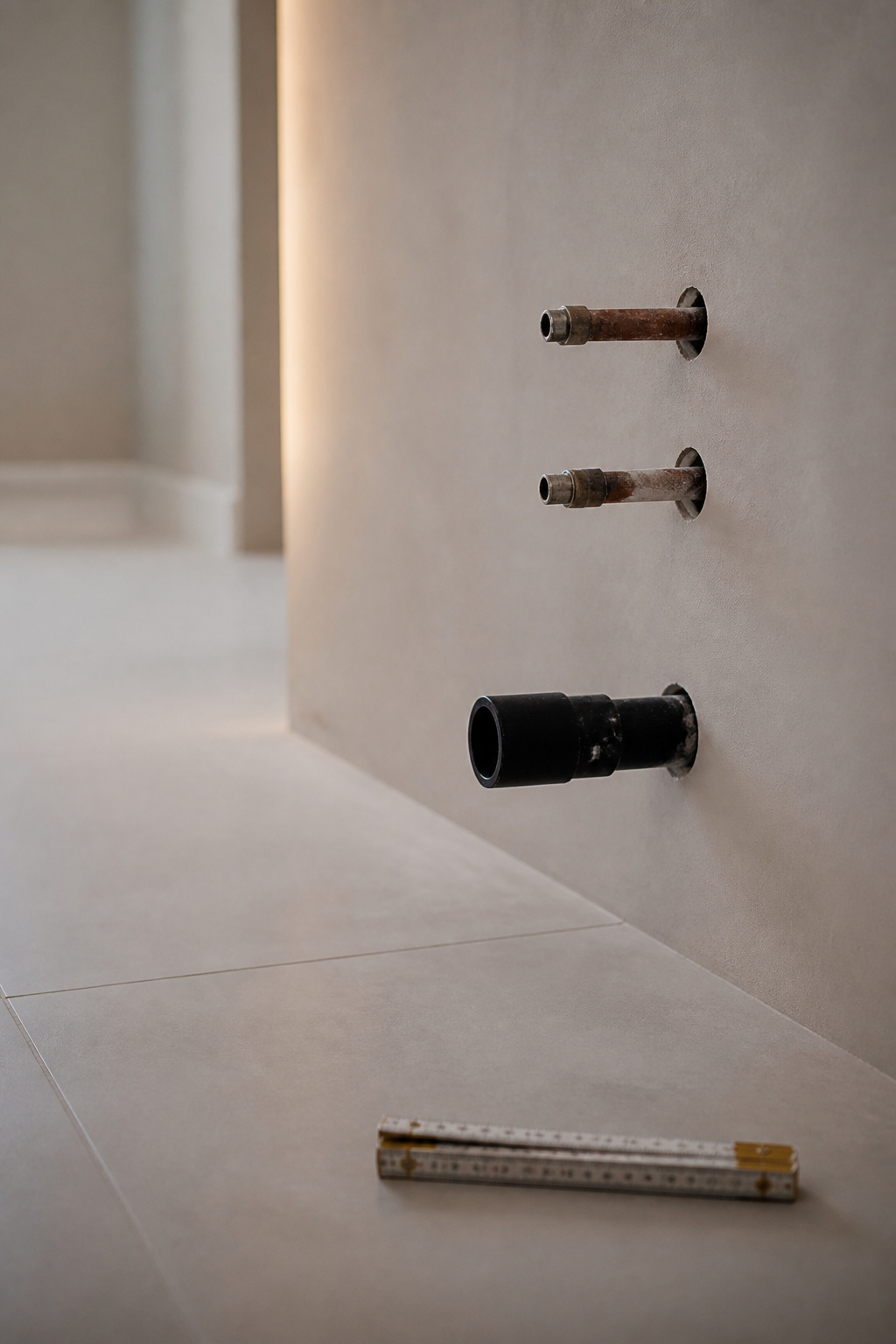 Empty bathroom wall showing exposed water supply lines and a drain stub-out at their existing rough-in height before a vanity swap
