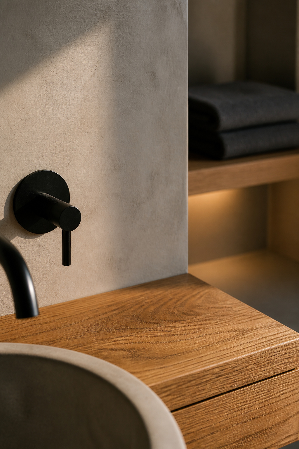 Warm oak vanity shelf meeting a cool pale-greige microcement wall at a clean corner