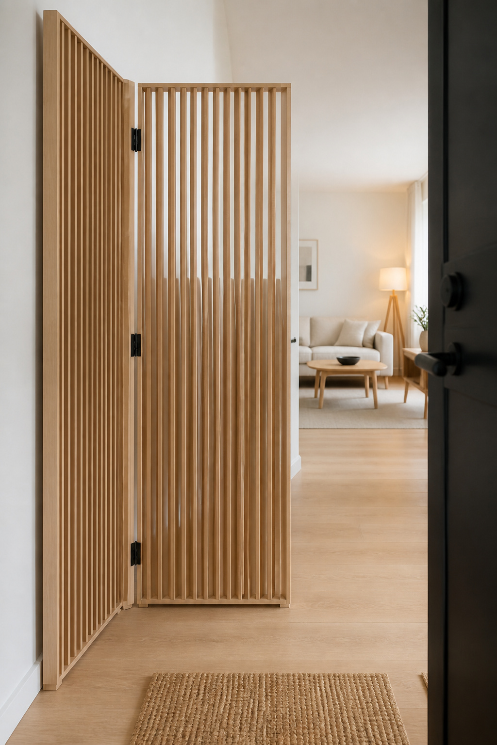 Light oak slatted room divider with matte black hinges standing near a rental studio apartment's front door