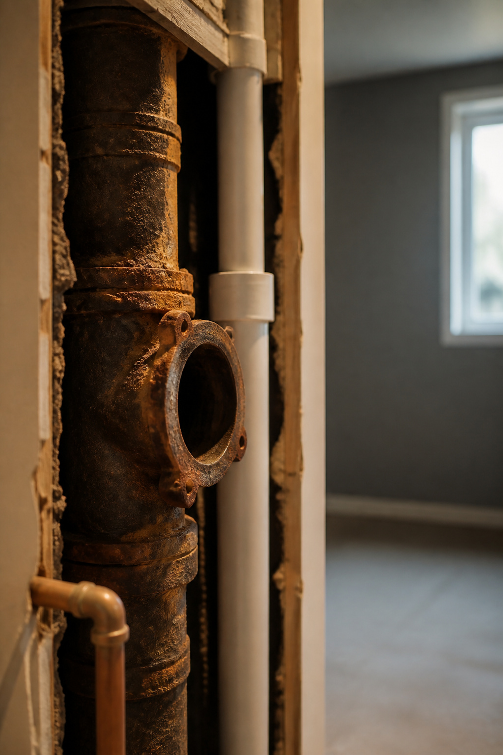 Corroded original cast-iron drain stack fitting exposed beside a section of new PVC pipe in an open wall cavity