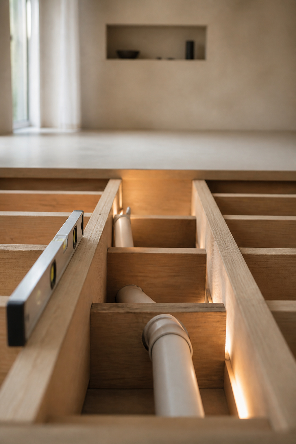 Open subfloor with original joists and a sloped drain pipe laid between them, measured with a carpenter's level