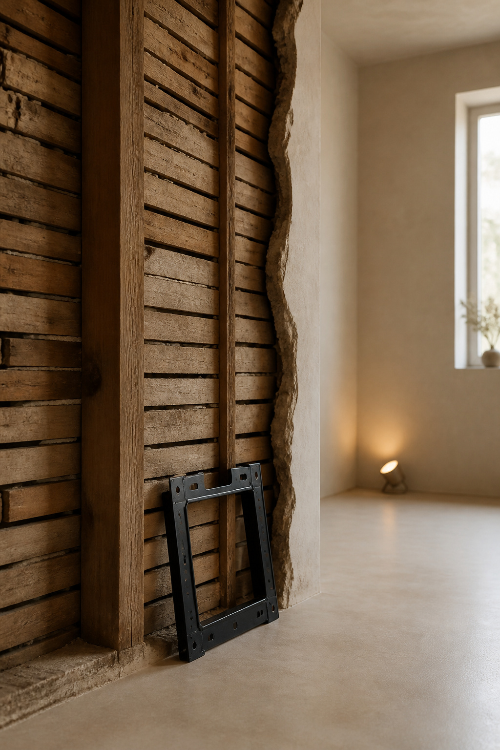 Original wood lath strips and timber studs exposed behind cracked plaster next to a finished microcement wall