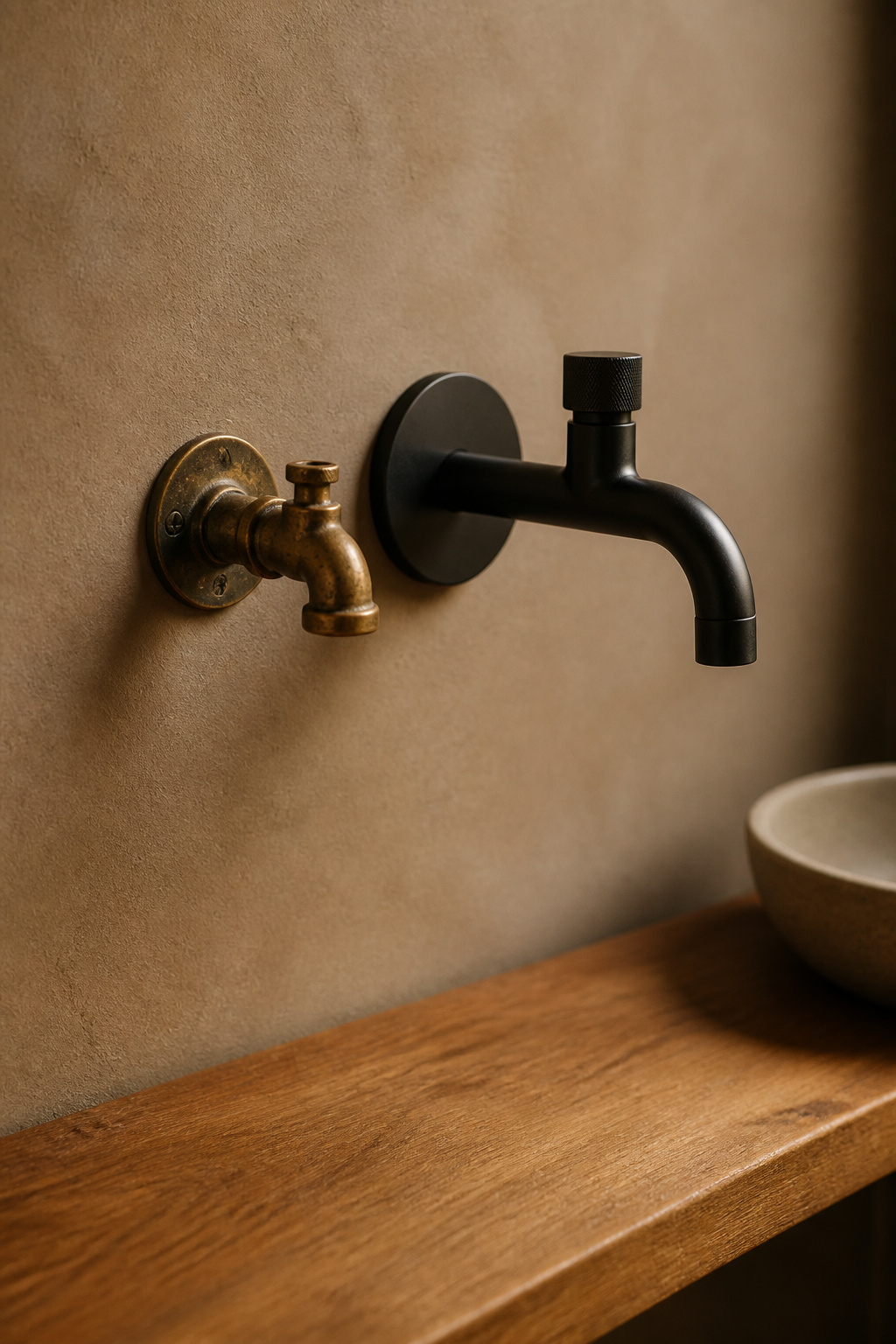 Weathered original brass pipe fitting mounted beside a new matte black wall-mounted tap on a clay-toned plaster wall