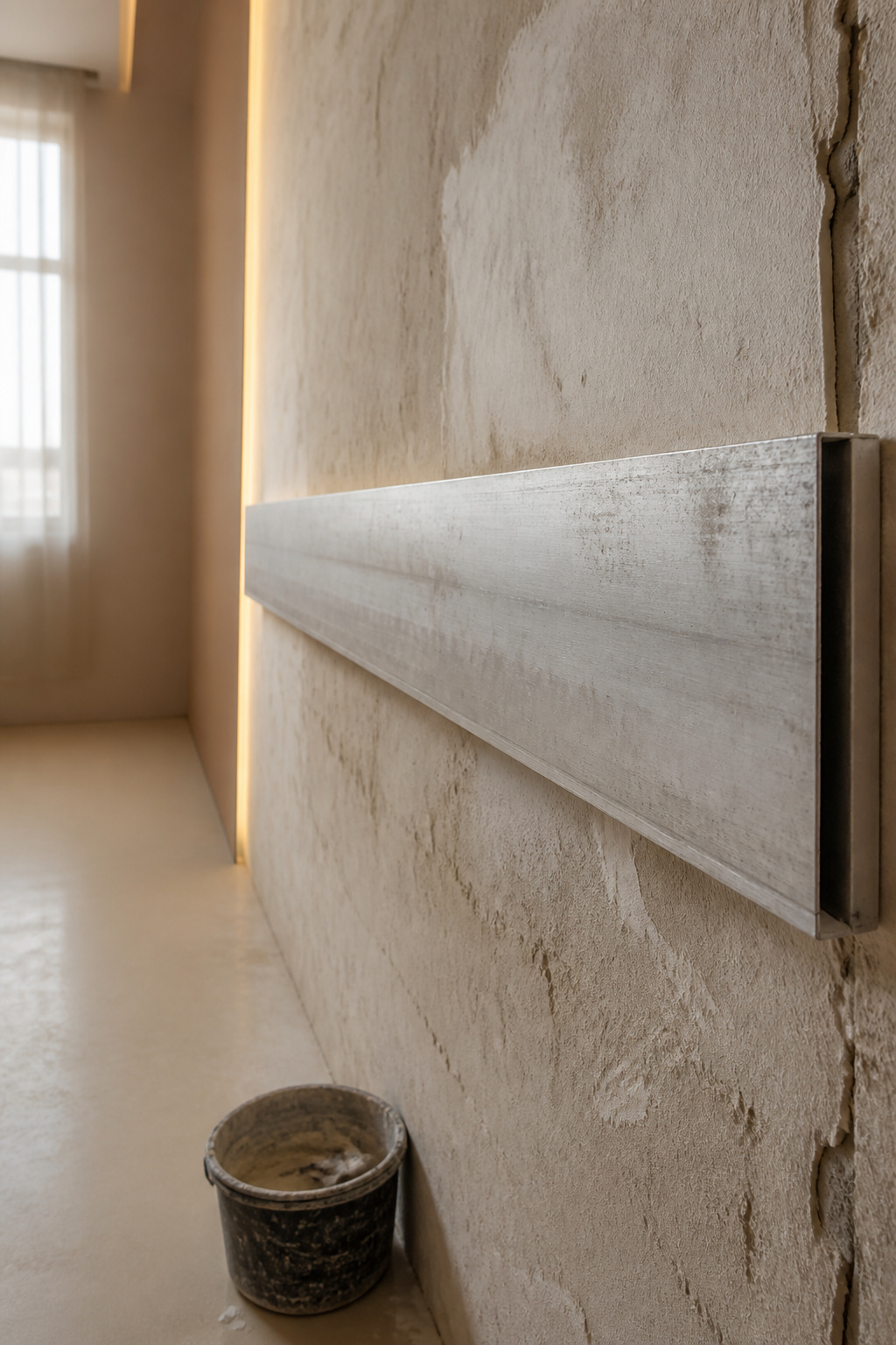 Straightedge held against an old plaster wall showing a visible gap that reveals the out-of-square surface