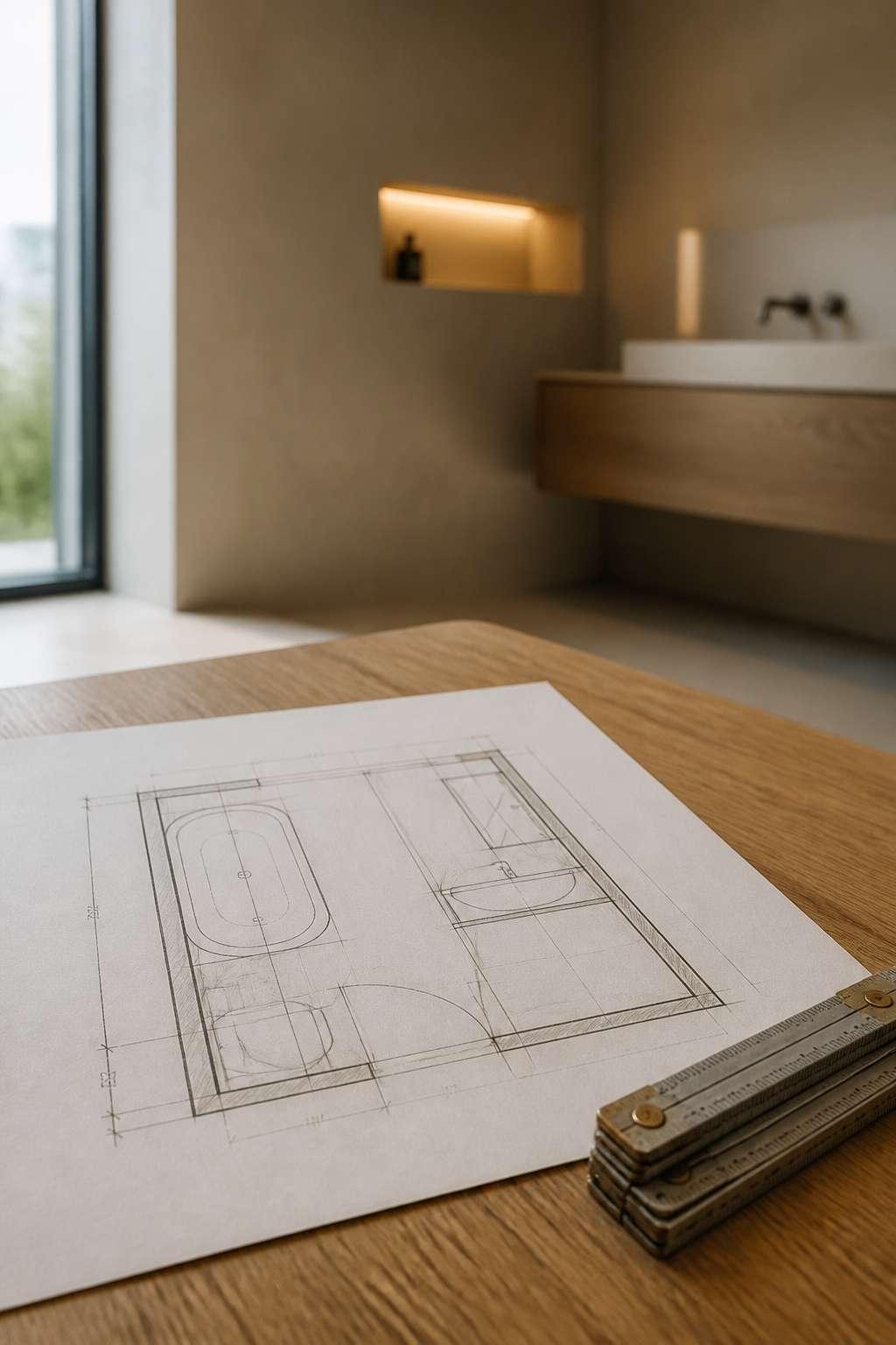 Pencilled bathroom floor plan with dimension marks resting on a warm oak surface with a tape measure beside it